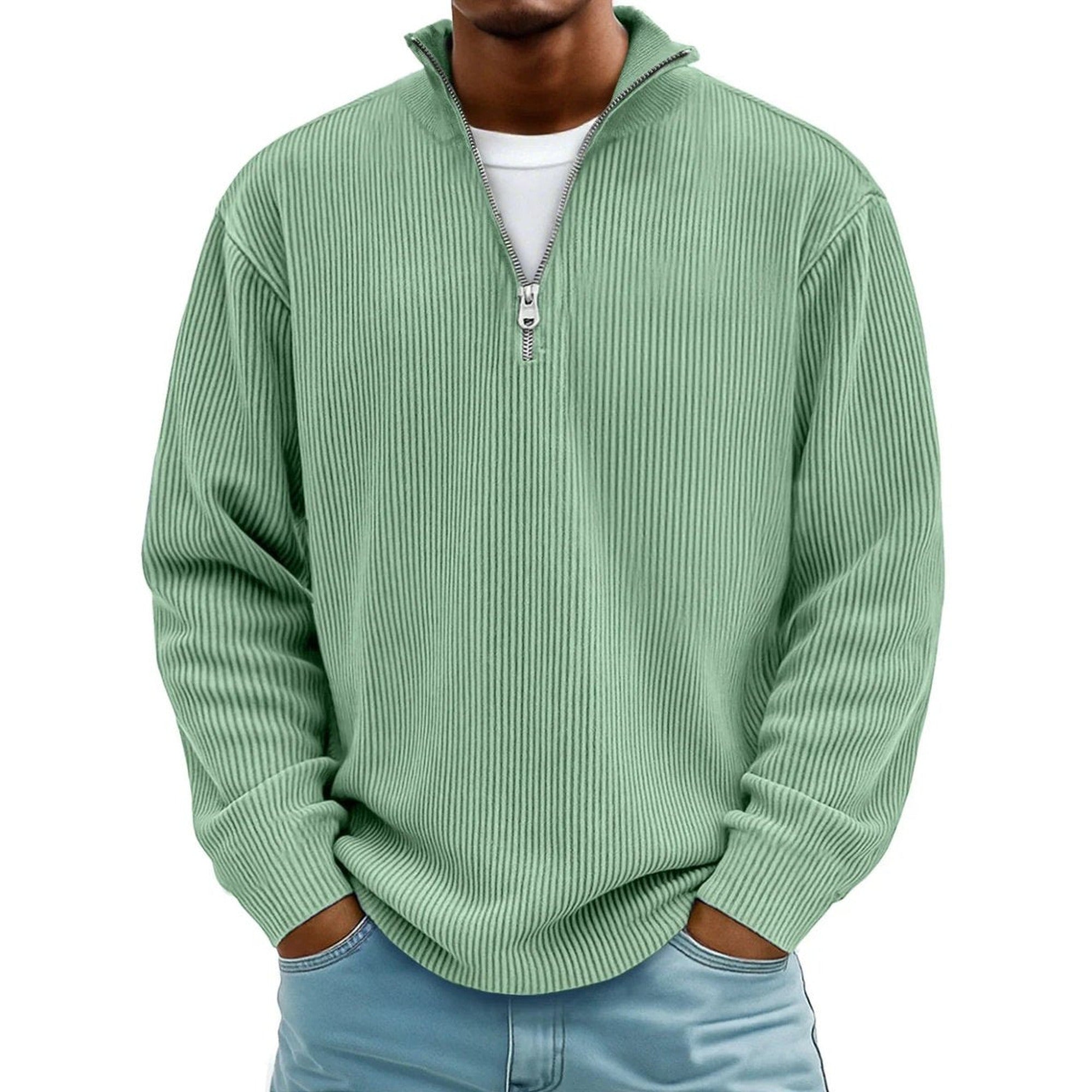 Harvey | Men's Ribbed Knit Sweater Quarter-Zip Pullover - Green