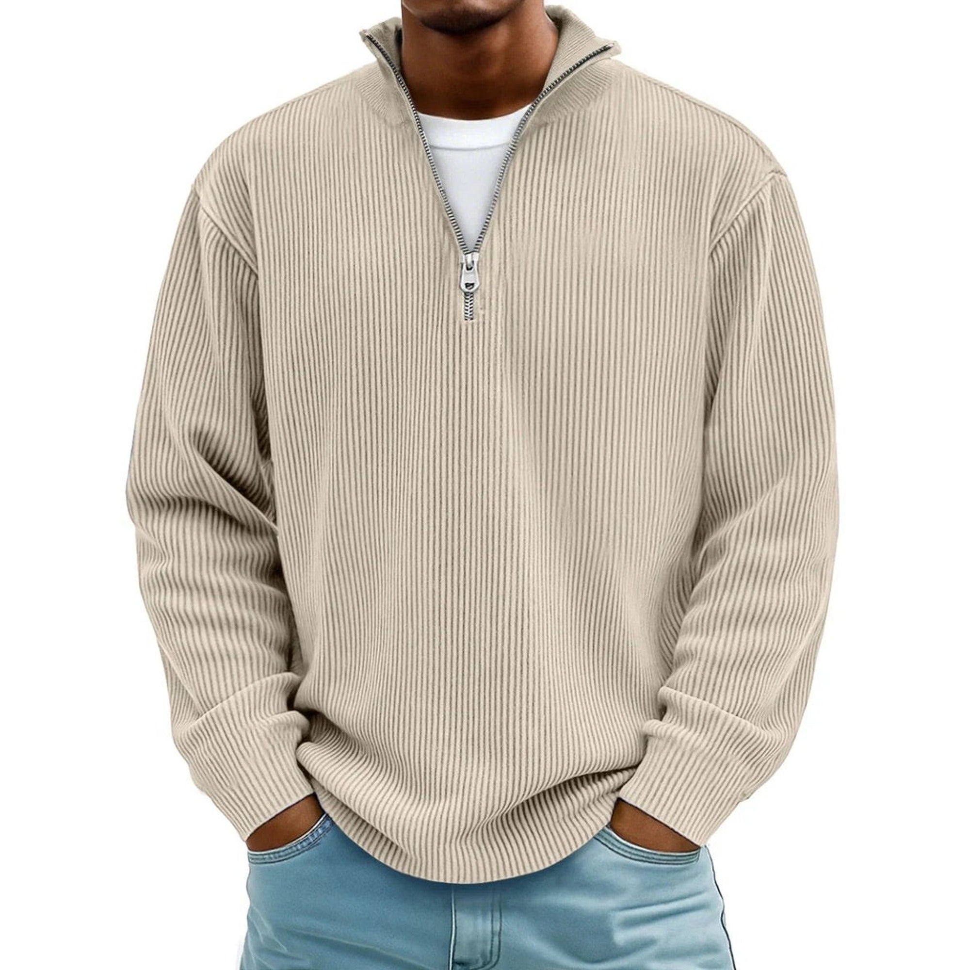 Harvey | Men's Ribbed Knit Sweater Quarter-Zip Pullover - Khaki