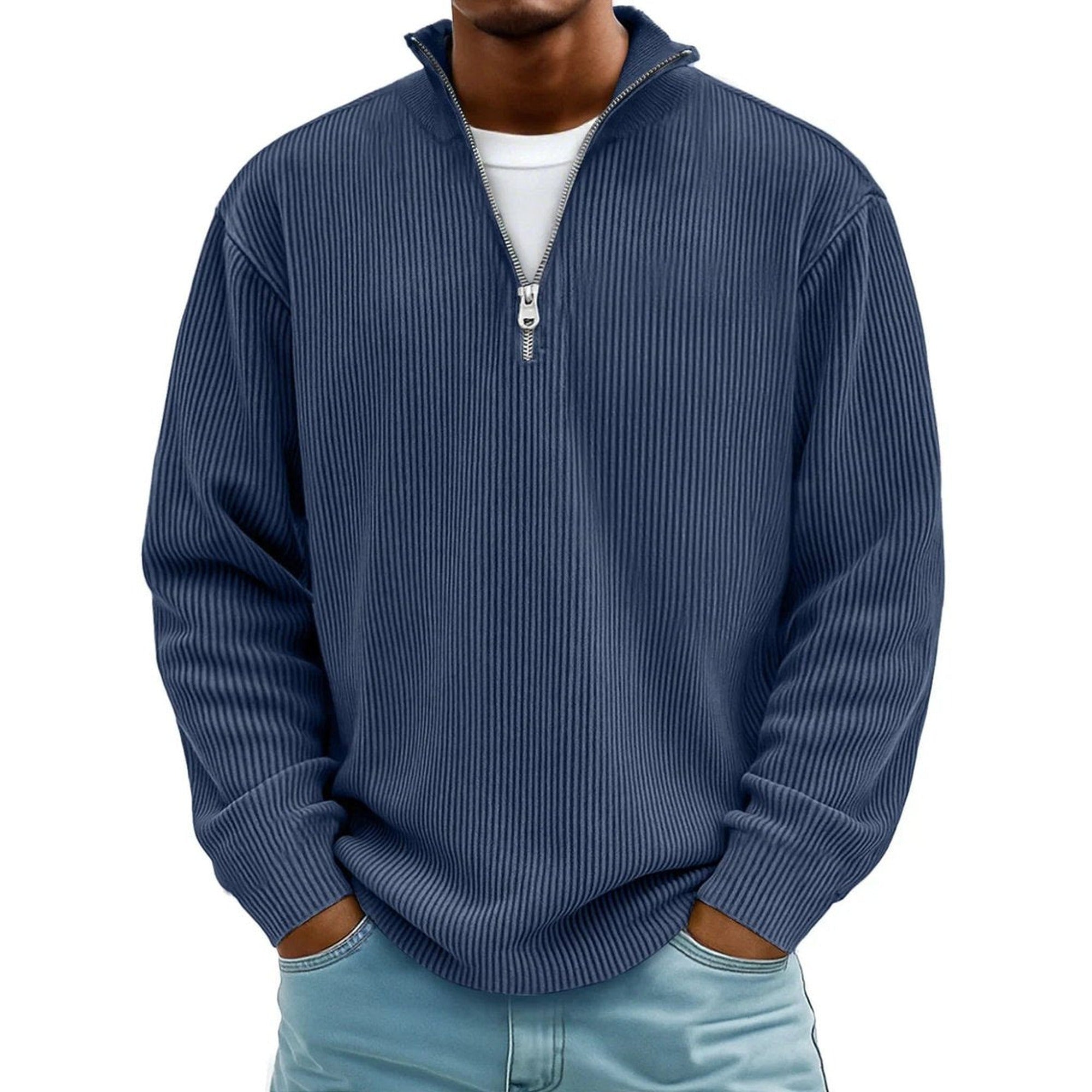 Harvey | Men's Ribbed Knit Sweater Quarter-Zip Pullover - Navy Blue