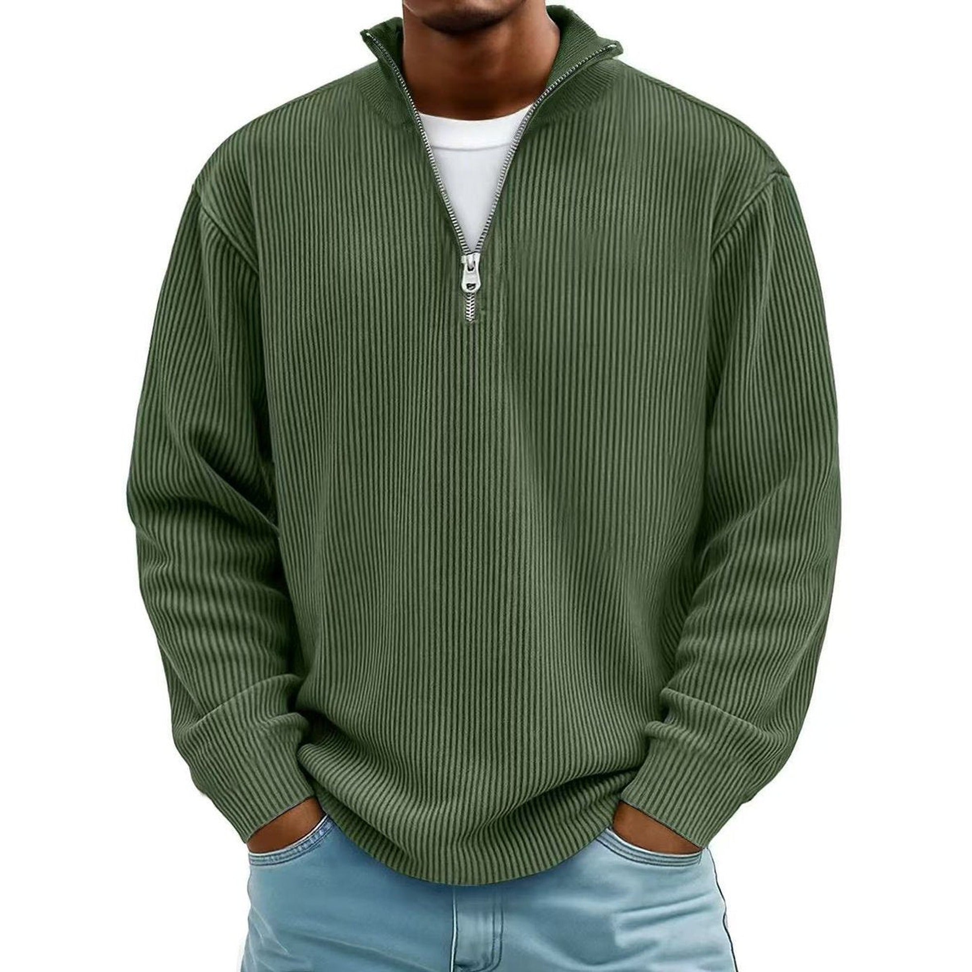 Harvey | Men's Ribbed Knit Sweater Quarter-Zip Pullover - Olive Green
