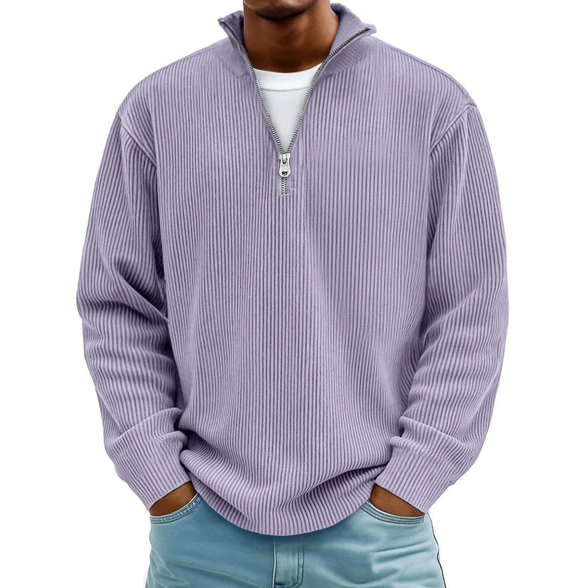Harvey | Men's Ribbed Knit Sweater Quarter-Zip Pullover - Purple