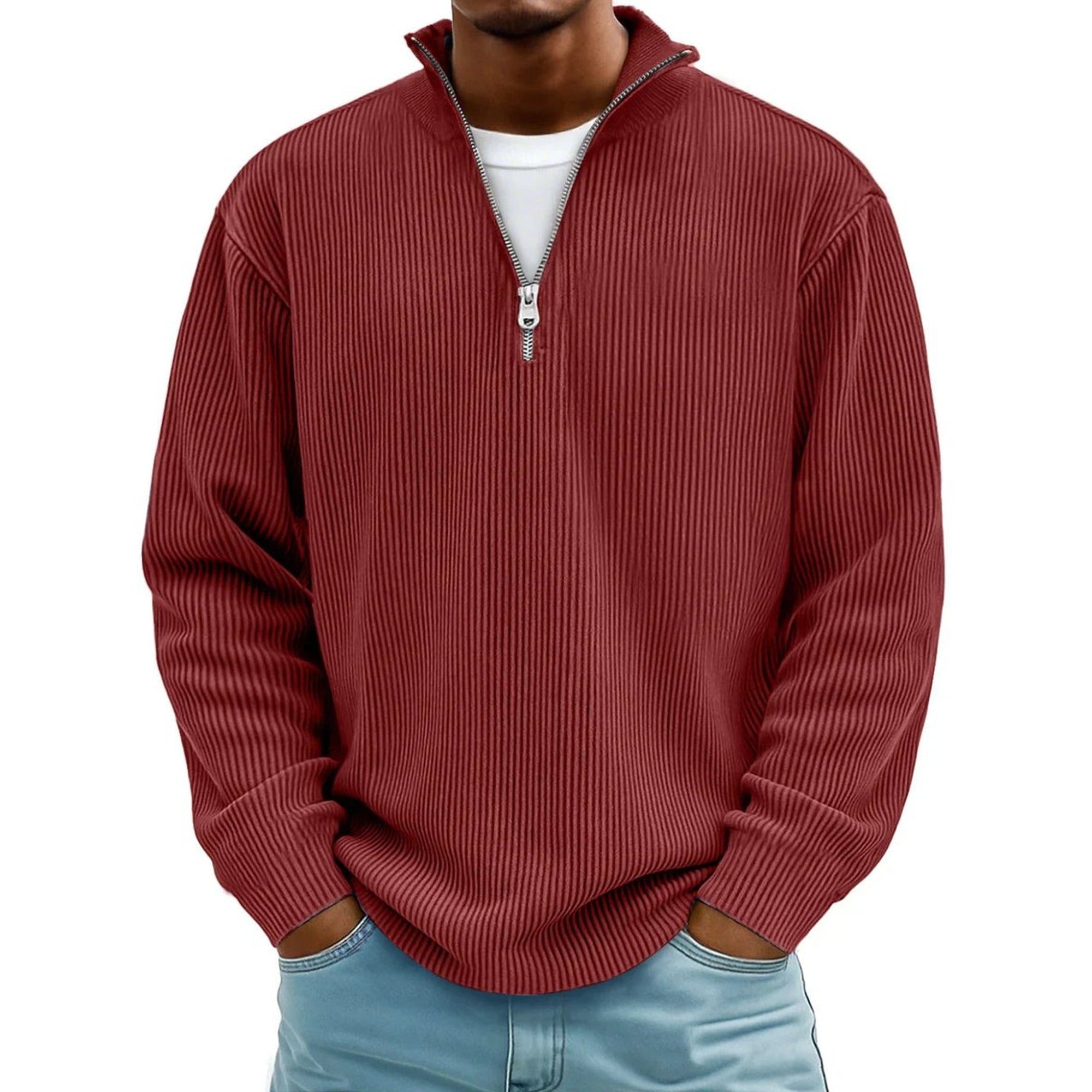 Harvey | Men's Ribbed Knit Sweater Quarter-Zip Pullover - Red