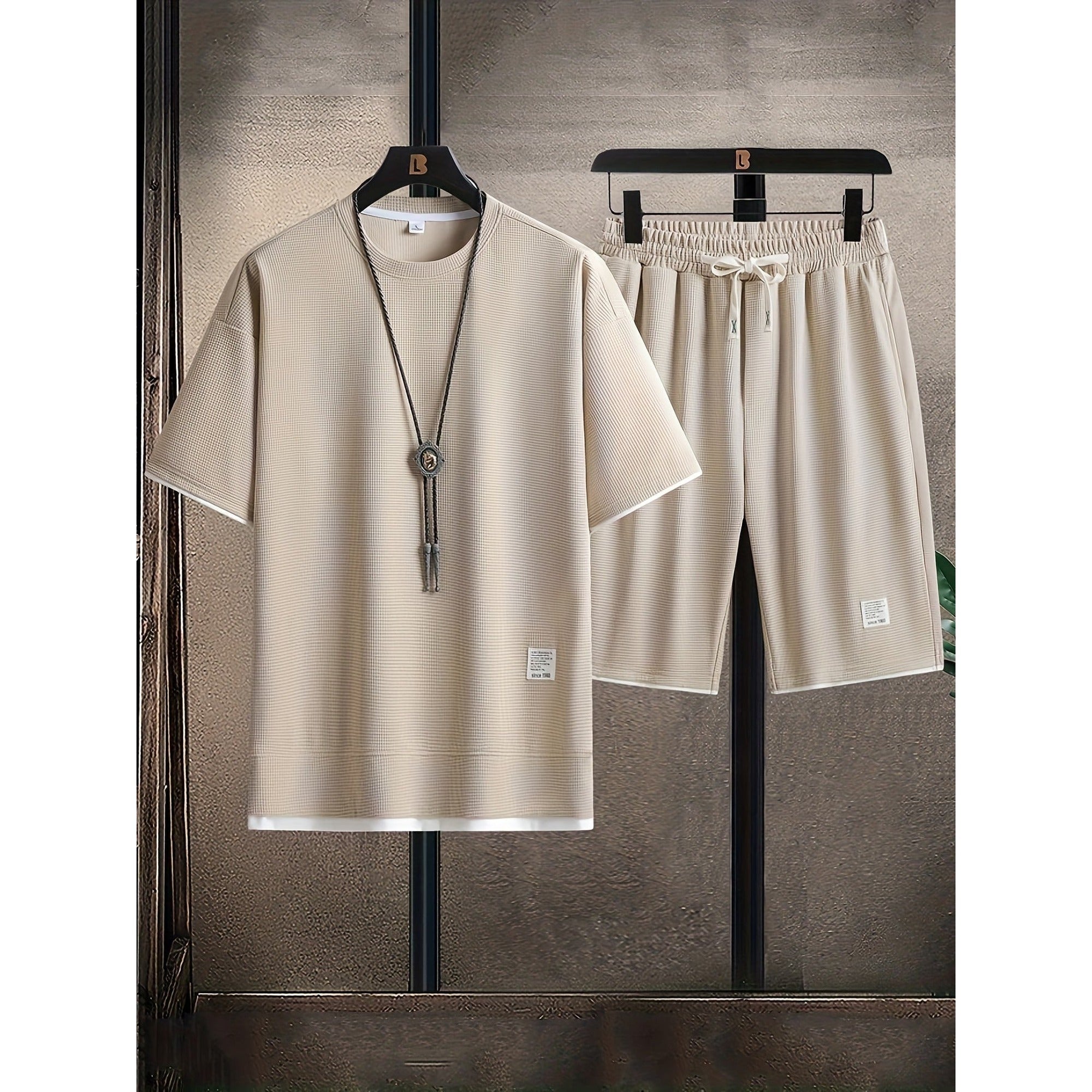 Dean 2 | Men's Waffle Tee And Shorts Set - Beige