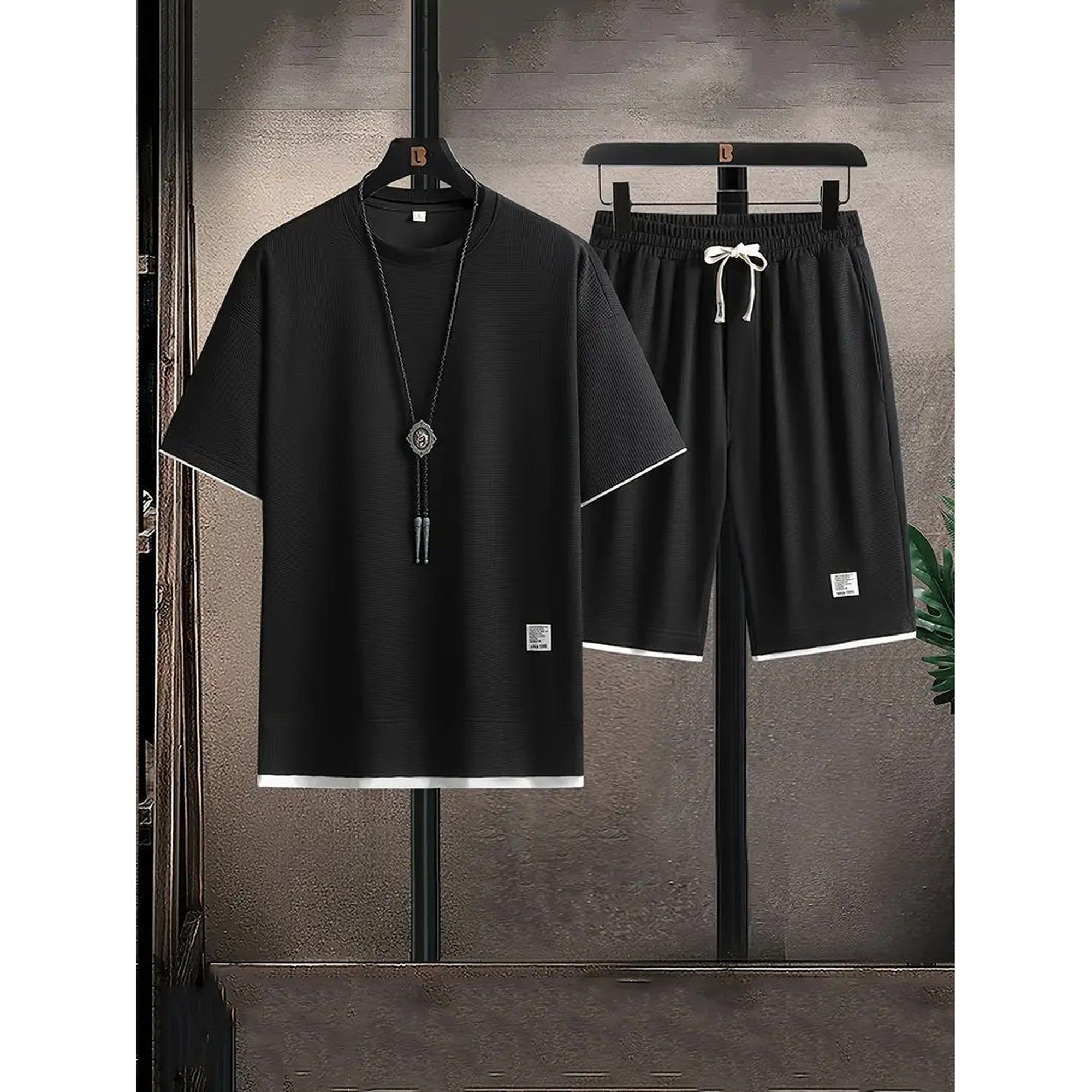 Dean 2 | Men's Waffle Tee And Shorts Set - Black