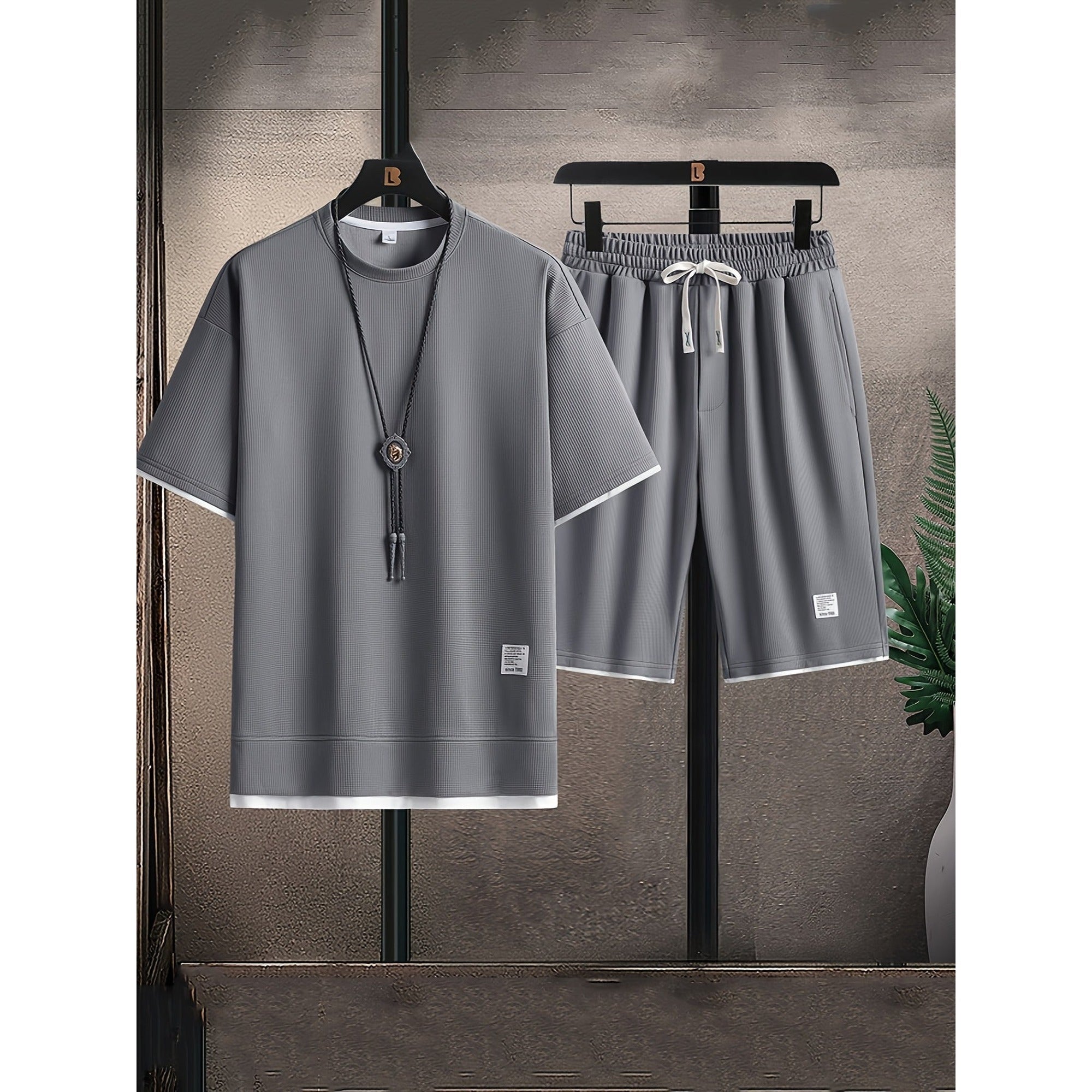 Dean 2 | Men's Waffle Tee And Shorts Set - Gray