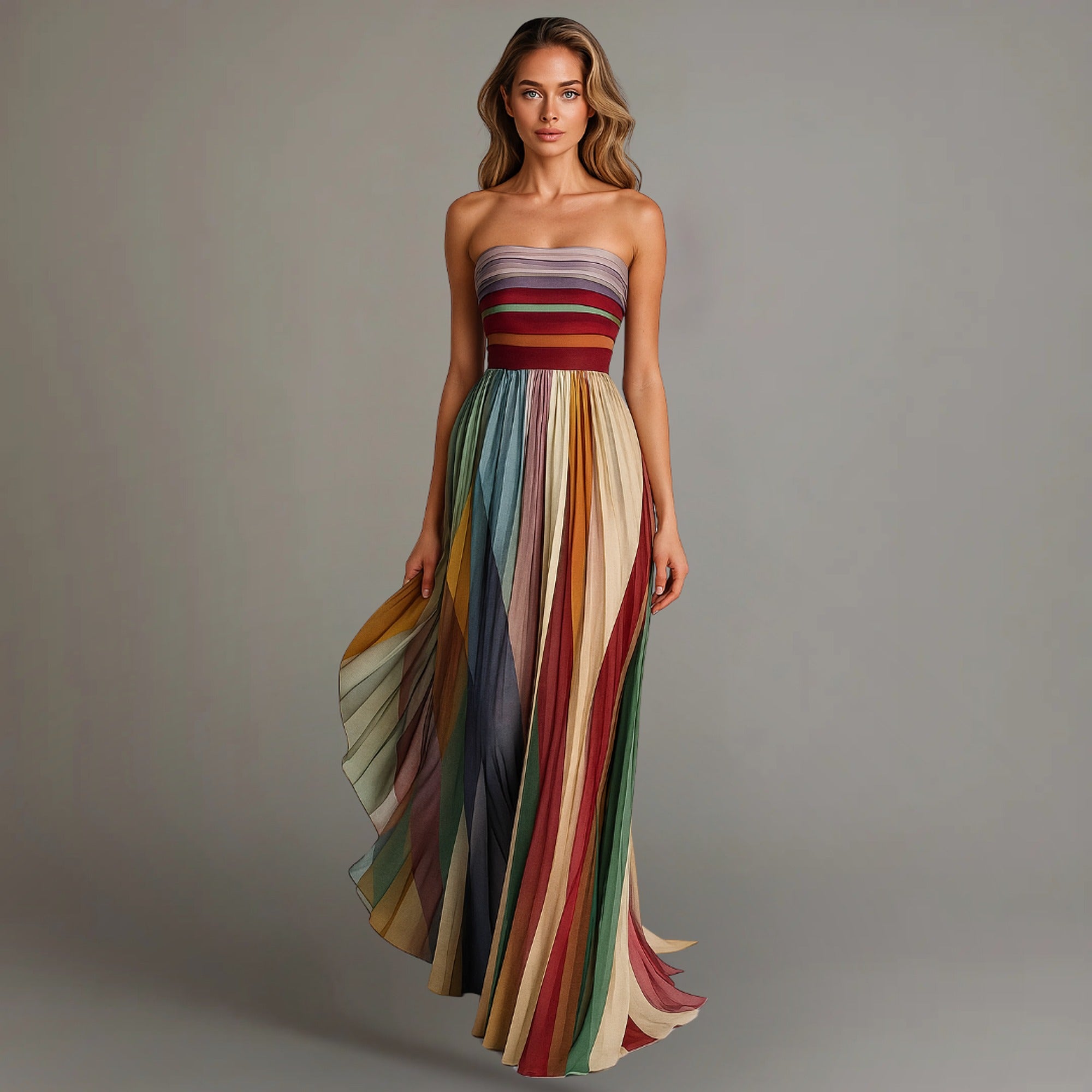 Celia | Women's Strapless Colorful Pleated Summer Maxi Dress Strapless - M