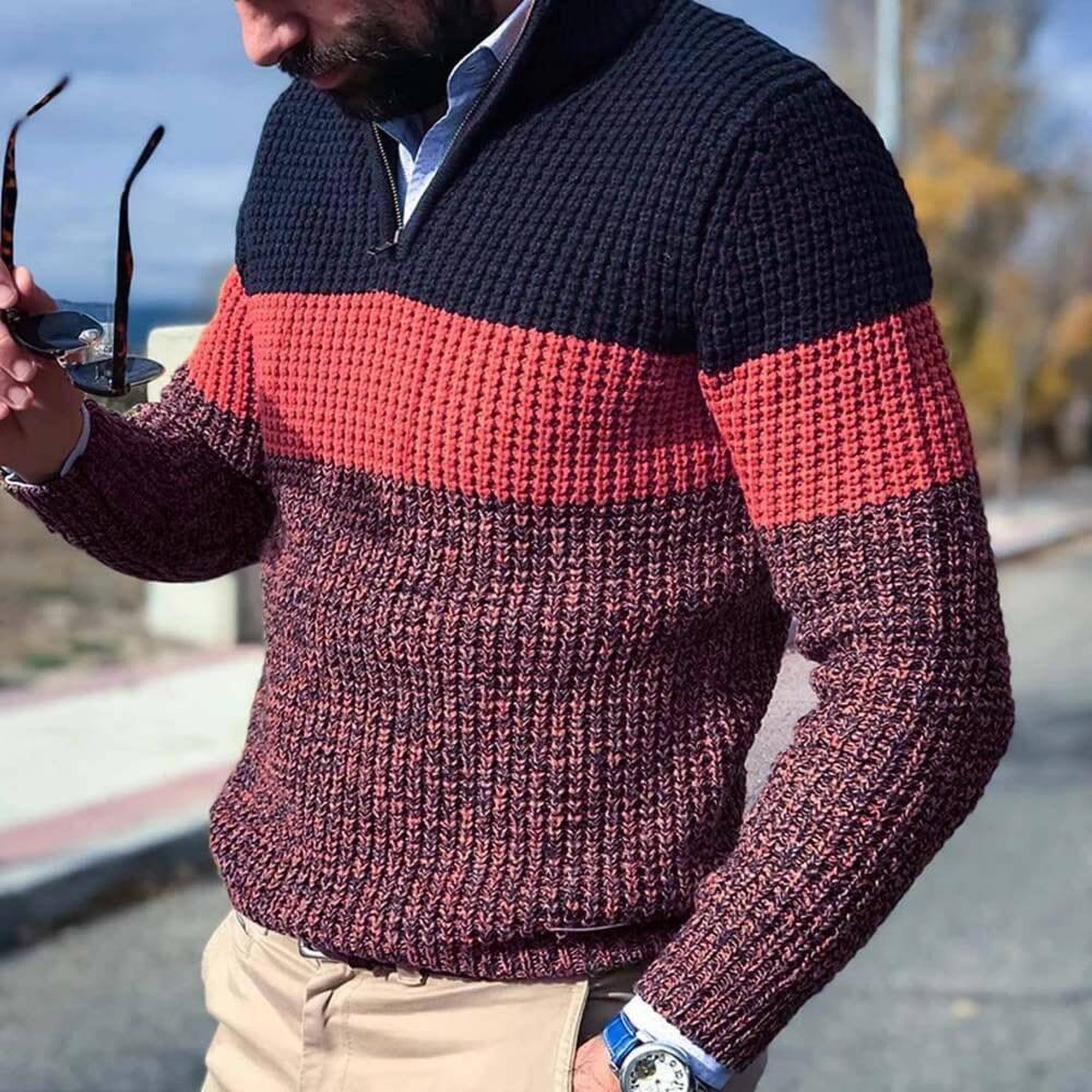 Hugo 2 | Men's Quarter Zip Colorblock Waffle Sweater - Red