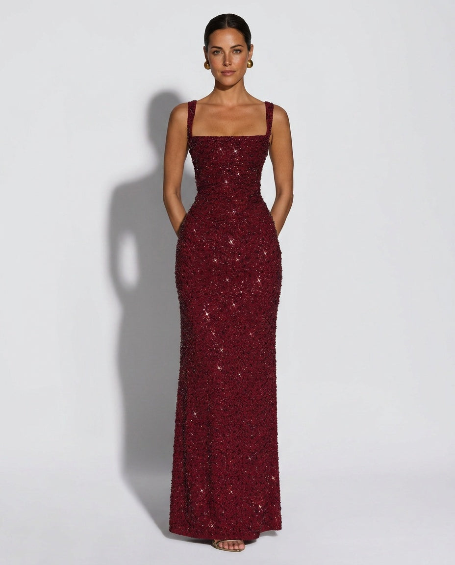 Women's Sleeveless Sequin Maxi Dress – Floor Length Evening Dress