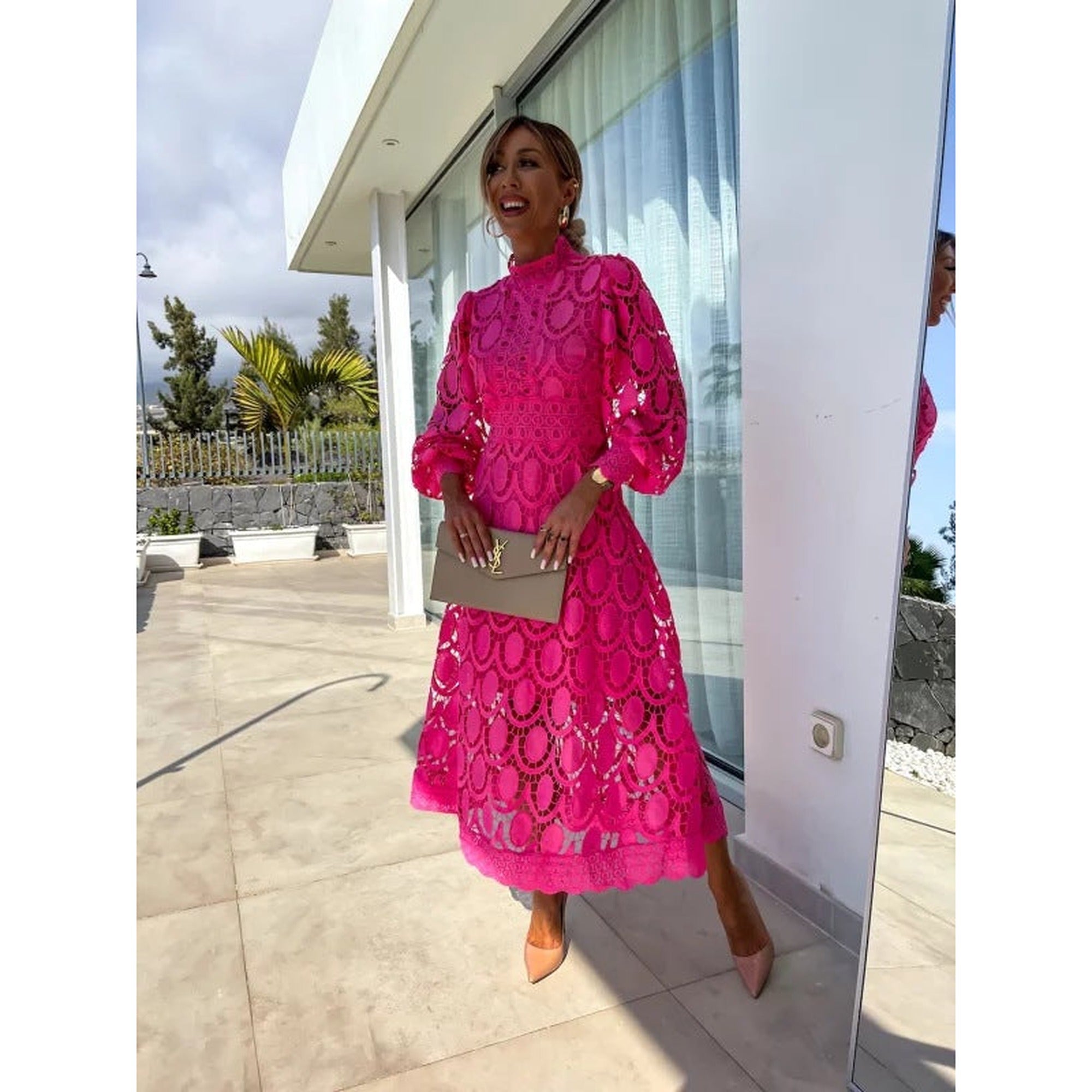 Grace | Lace Summer Dress with Puff Sleeves and High Neck for Women - Pink
