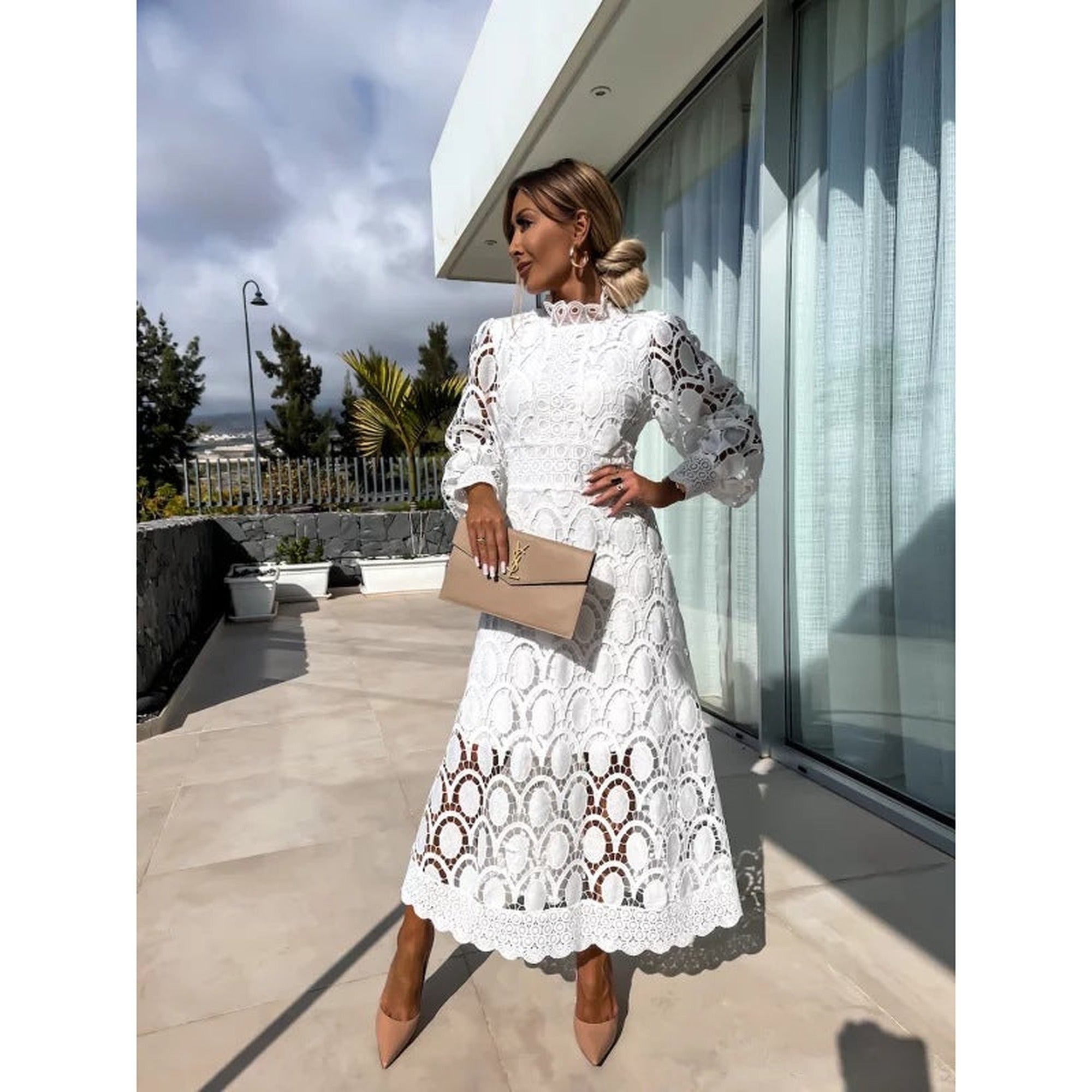 Grace | Lace Summer Dress with Puff Sleeves and High Neck for Women - White