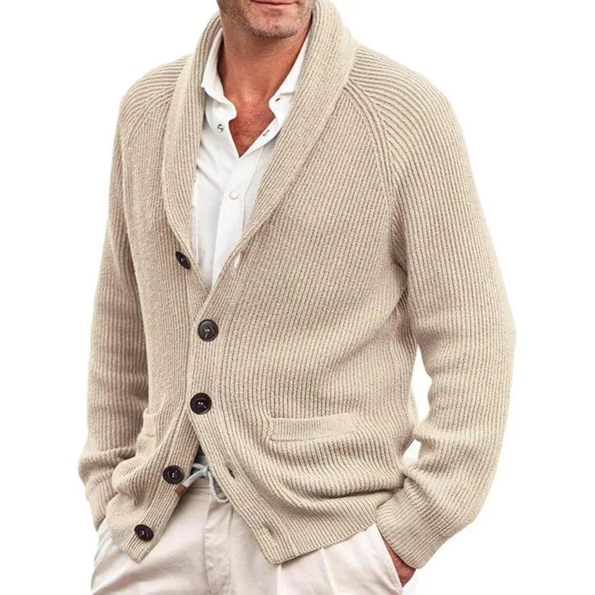 Miles 2 | Men's Ribbed Shawl Collar Button Cardigan - Beige