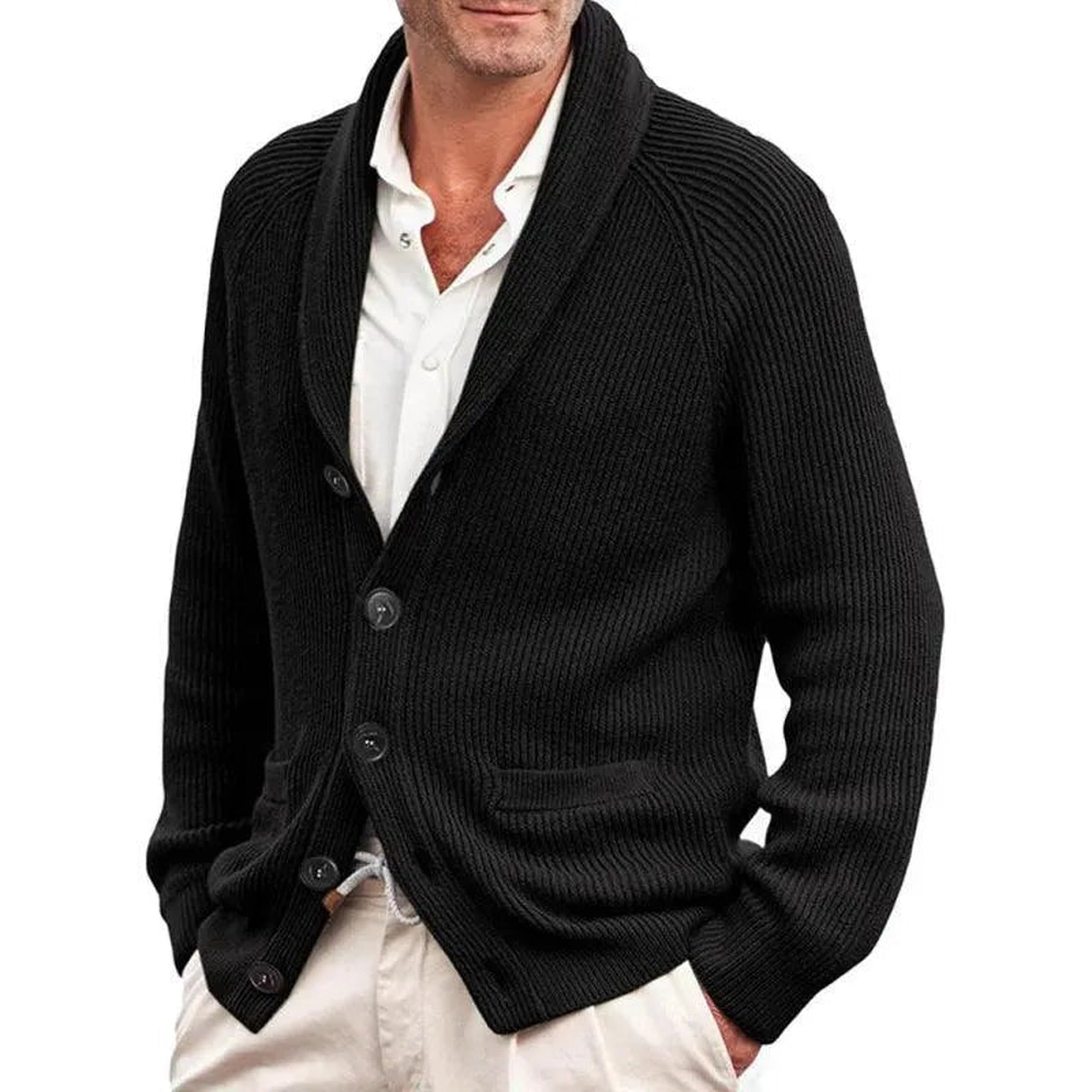 Miles 2 | Men's Ribbed Shawl Collar Button Cardigan - Black