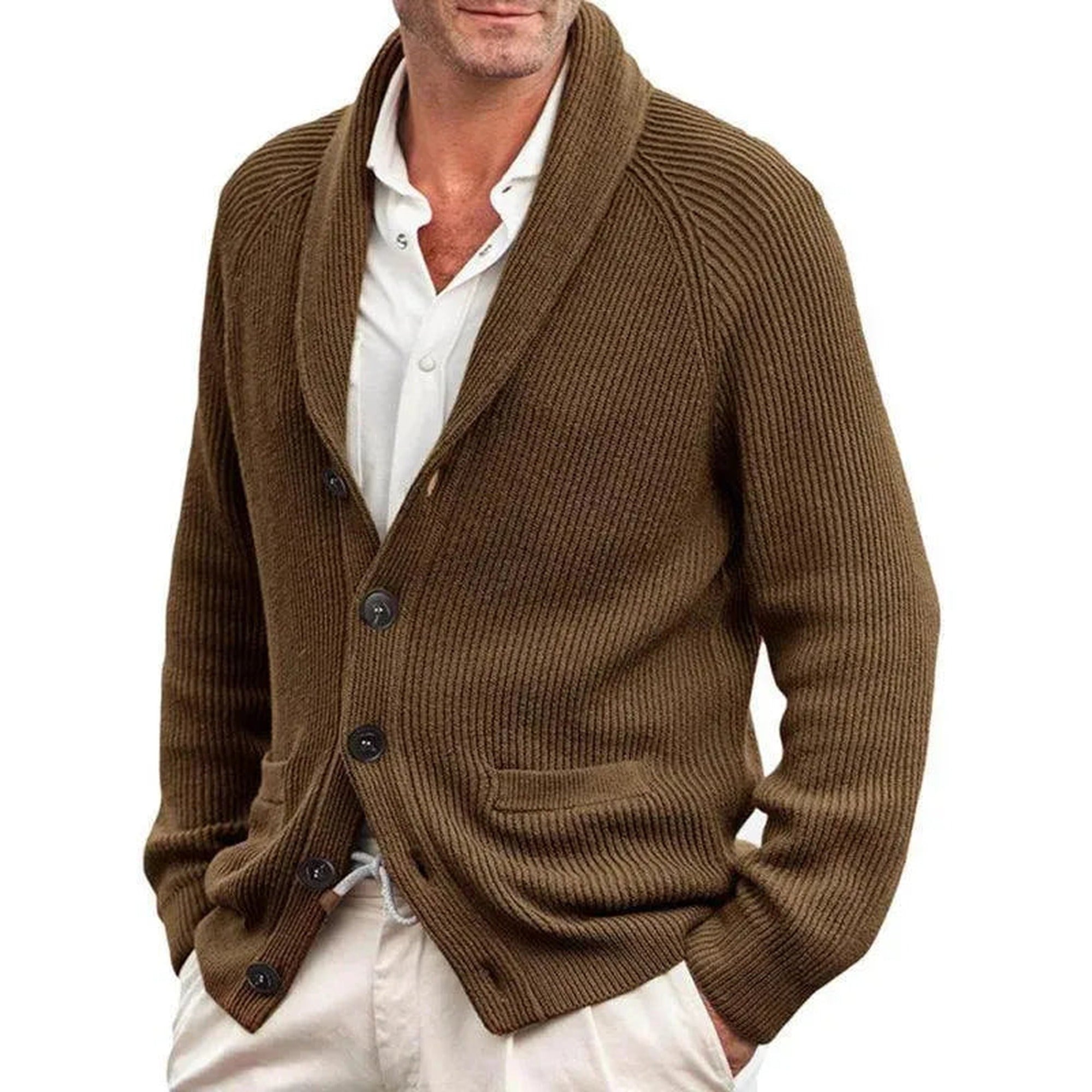 Miles 2 | Men's Ribbed Shawl Collar Button Cardigan - Brown