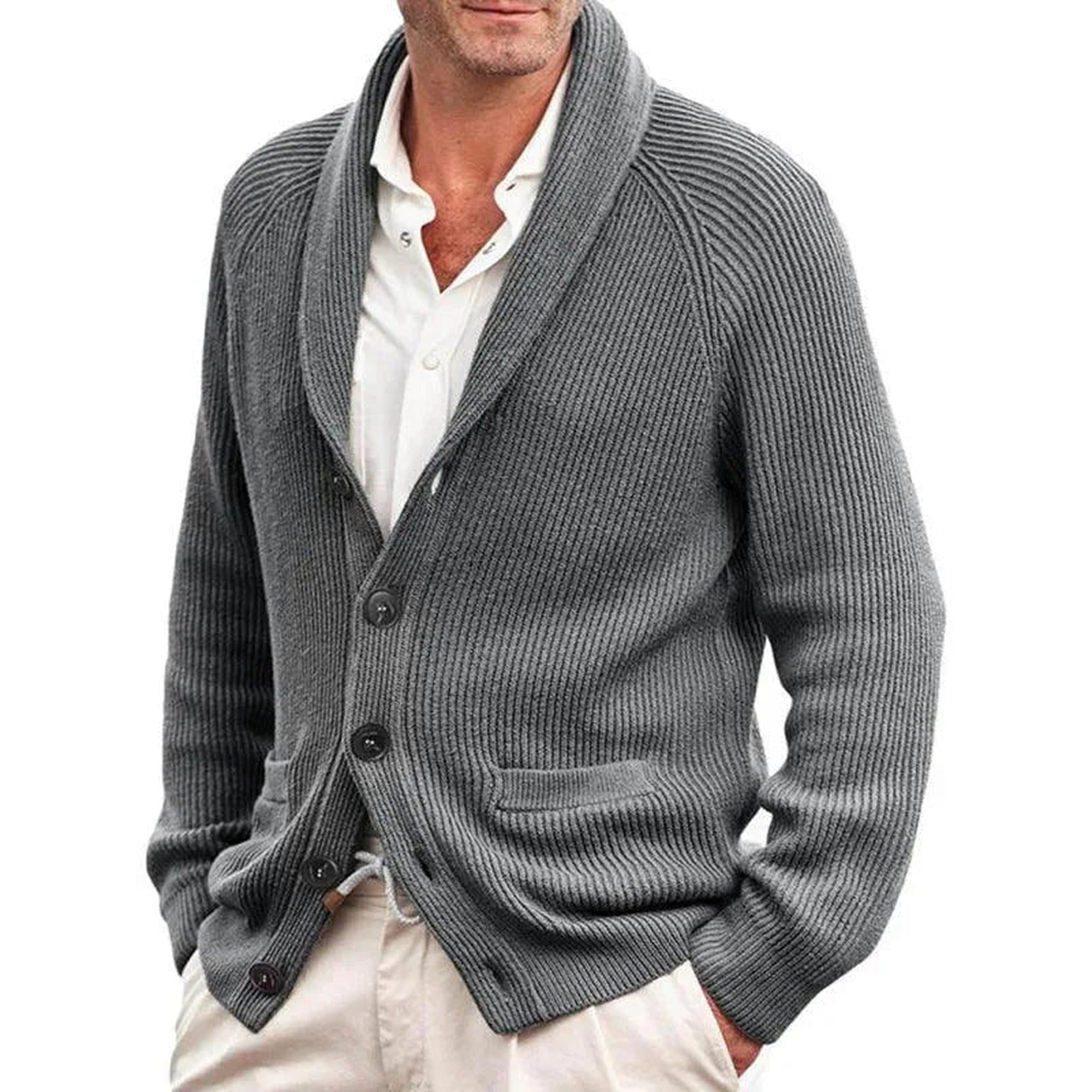 Jasper 2 | Men's Ribbed Shawl Collar Button Cardigan - Gray