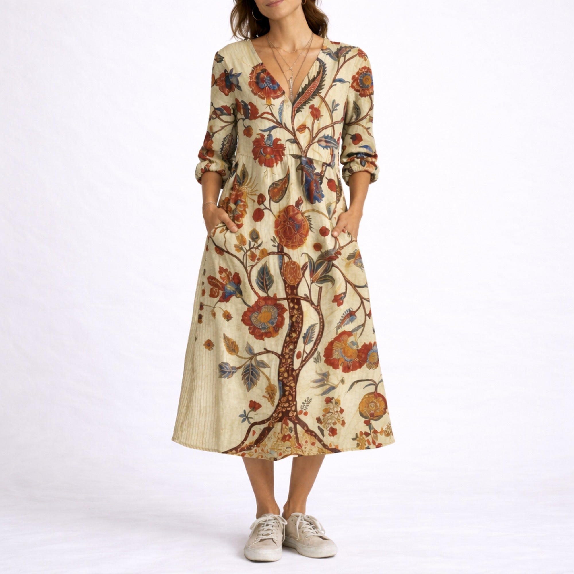 Nora | Linen Floral Dress - Beige