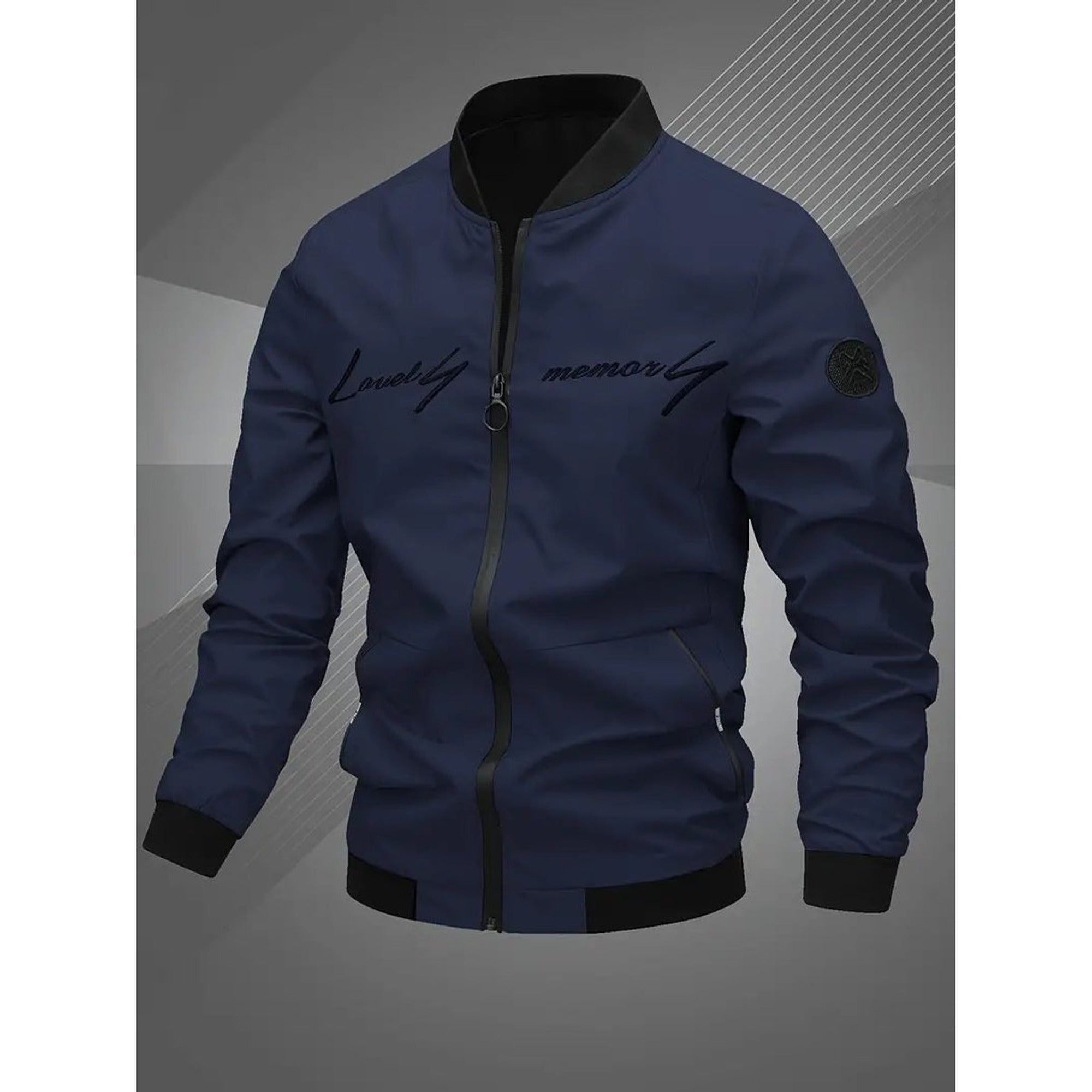 Evan | Men's Casual Zip-Up Polyester Bomber Jacket Baseball Collar - Navy Blue