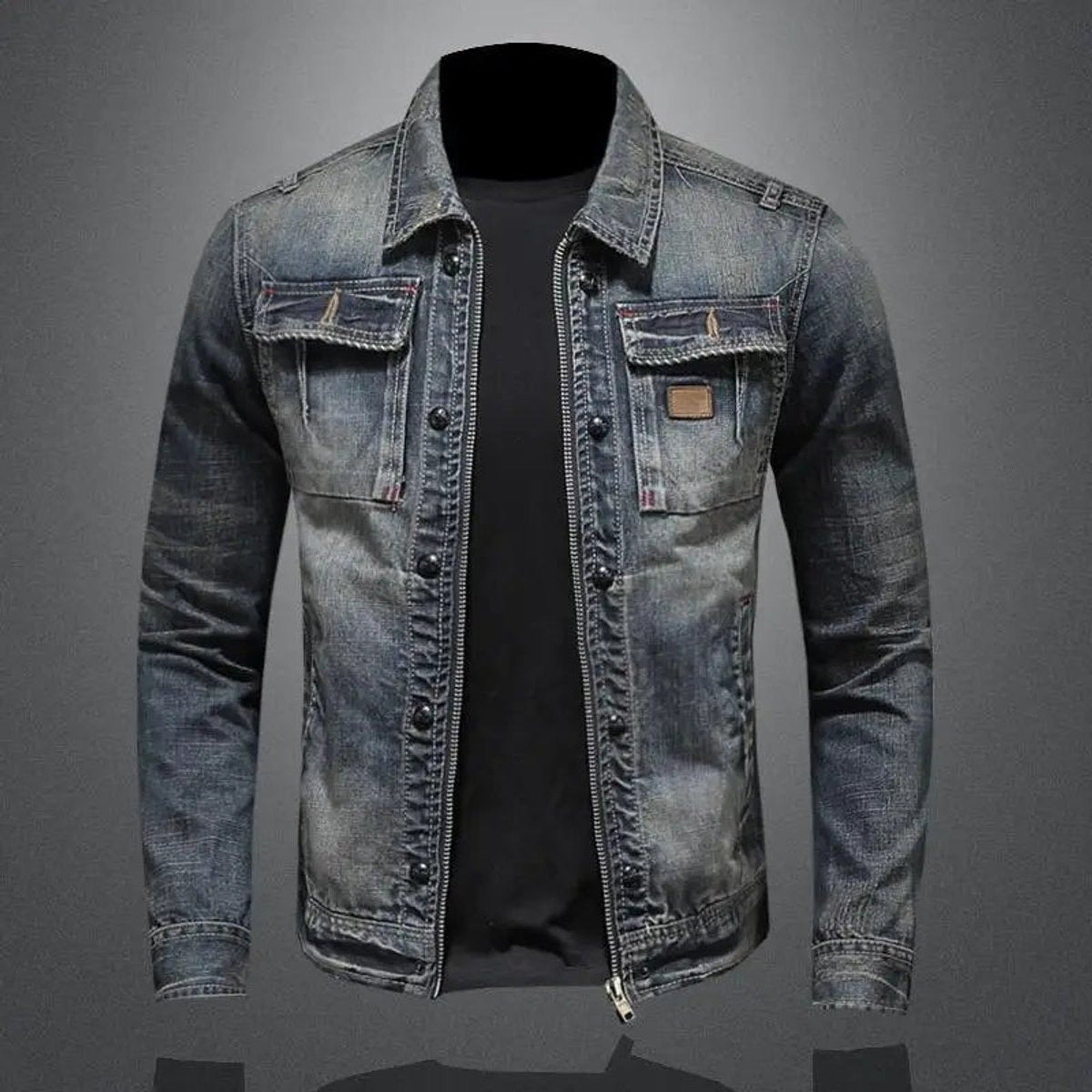 Ivan | Men's Retro Washed Denim Zip-Up Jacket Casual Outerwear Coat - L