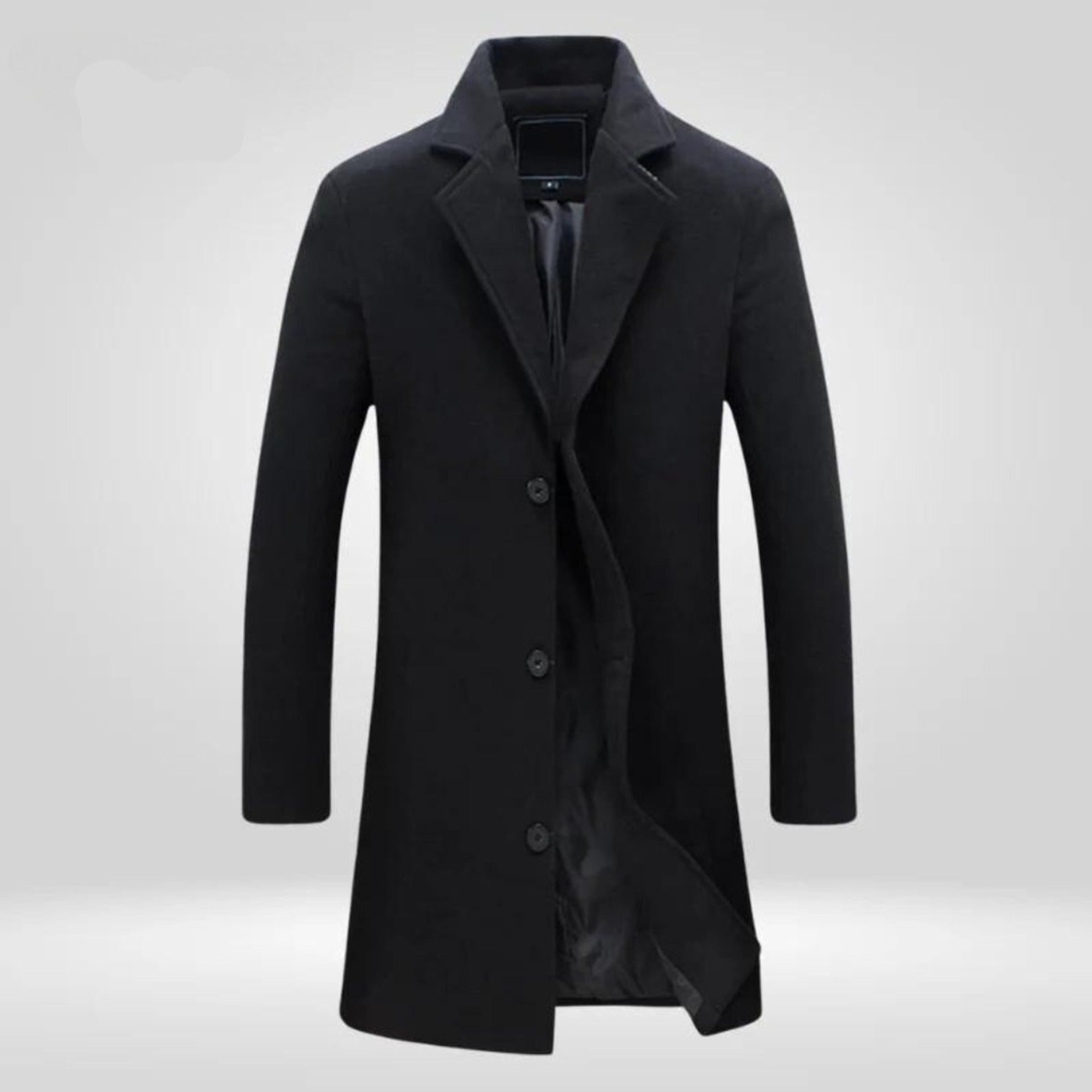 Liam | Men's Single-Breasted Wool Coat Long Notch Lapel Overcoat - Black