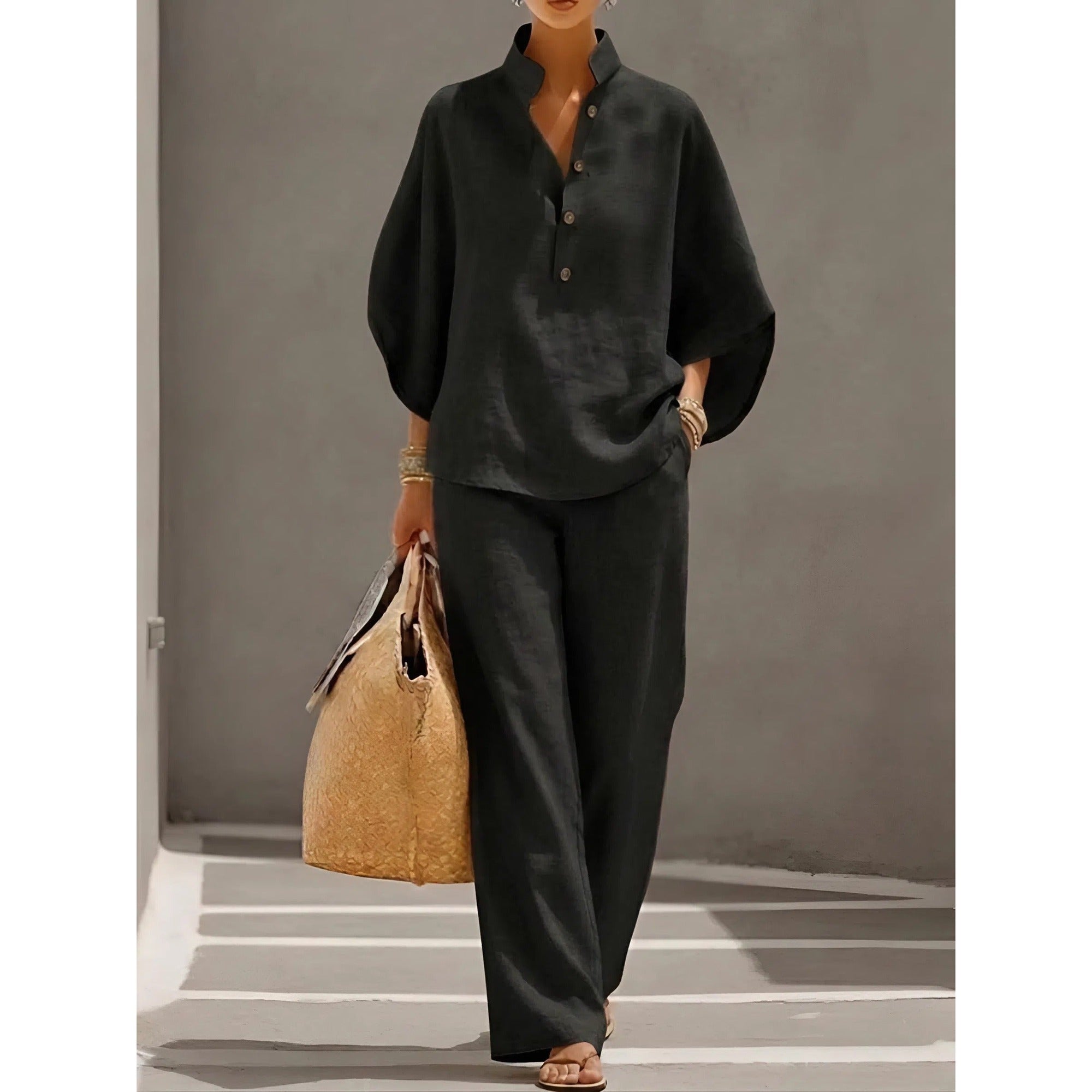 Isla 2 | Mandarin Collar Kimono Sleeve Top and Wide Leg Linen Pant Set - Black