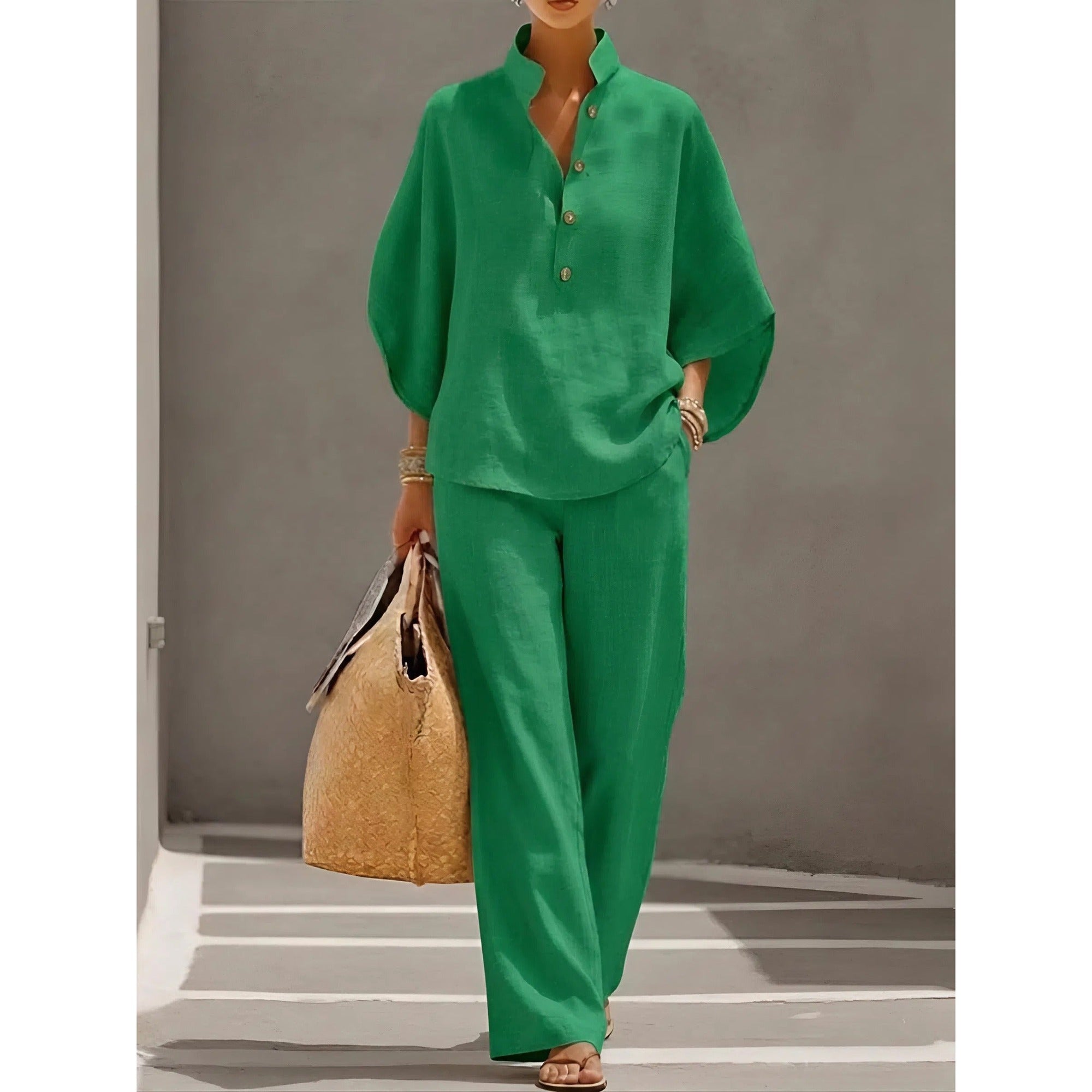 Isla 2 | Mandarin Collar Kimono Sleeve Top and Wide Leg Linen Pant Set - Green