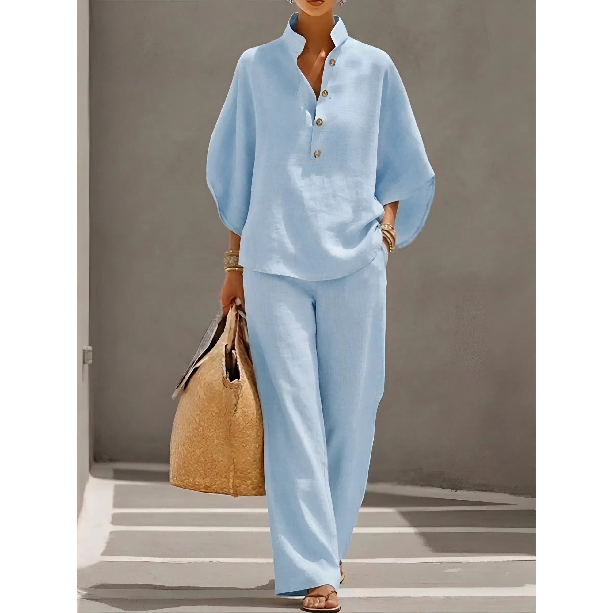 Isla 2 | Mandarin Collar Kimono Sleeve Top and Wide Leg Linen Pant Set - Light BLue