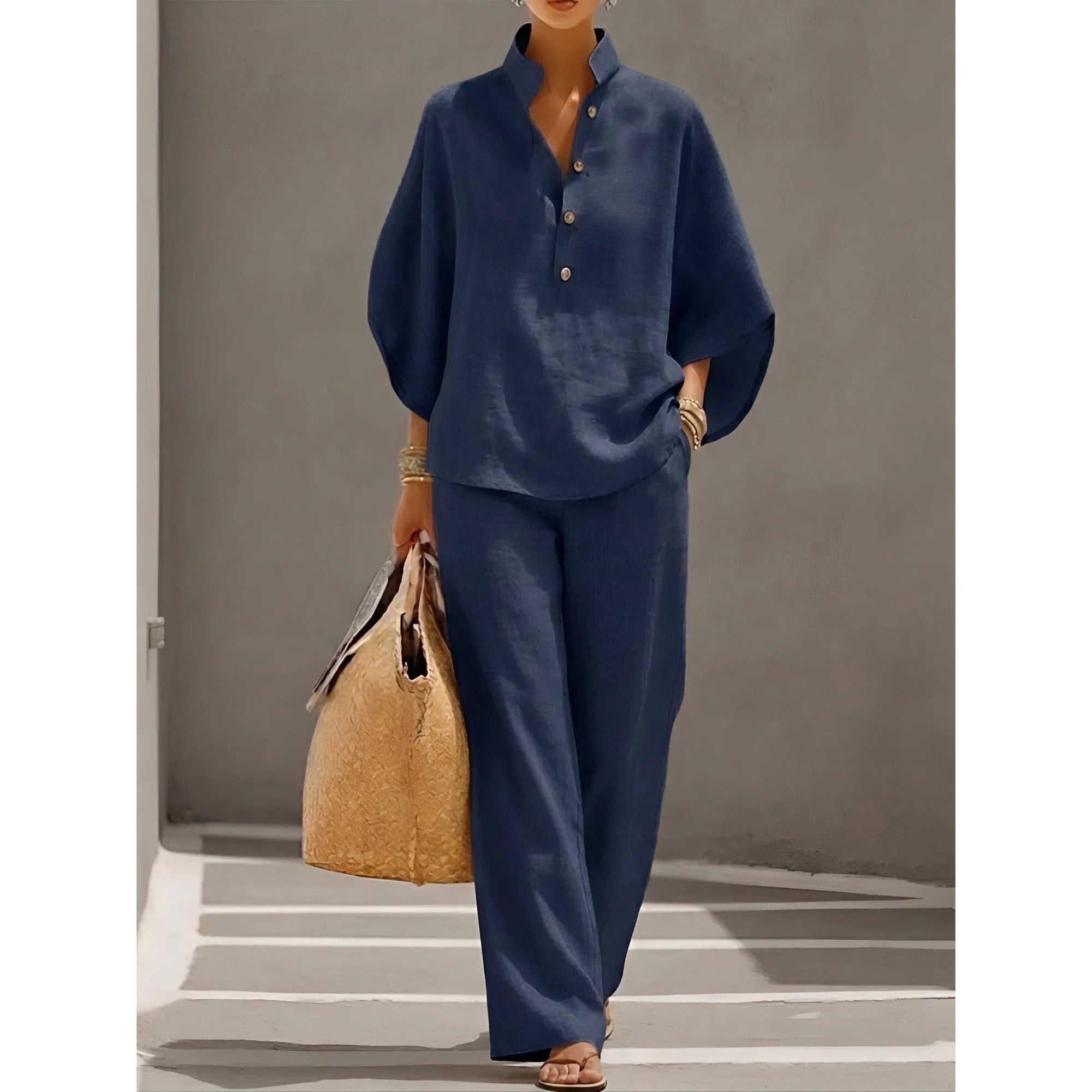 Isla 2 | Mandarin Collar Kimono Sleeve Top and Wide Leg Linen Pant Set - Navy