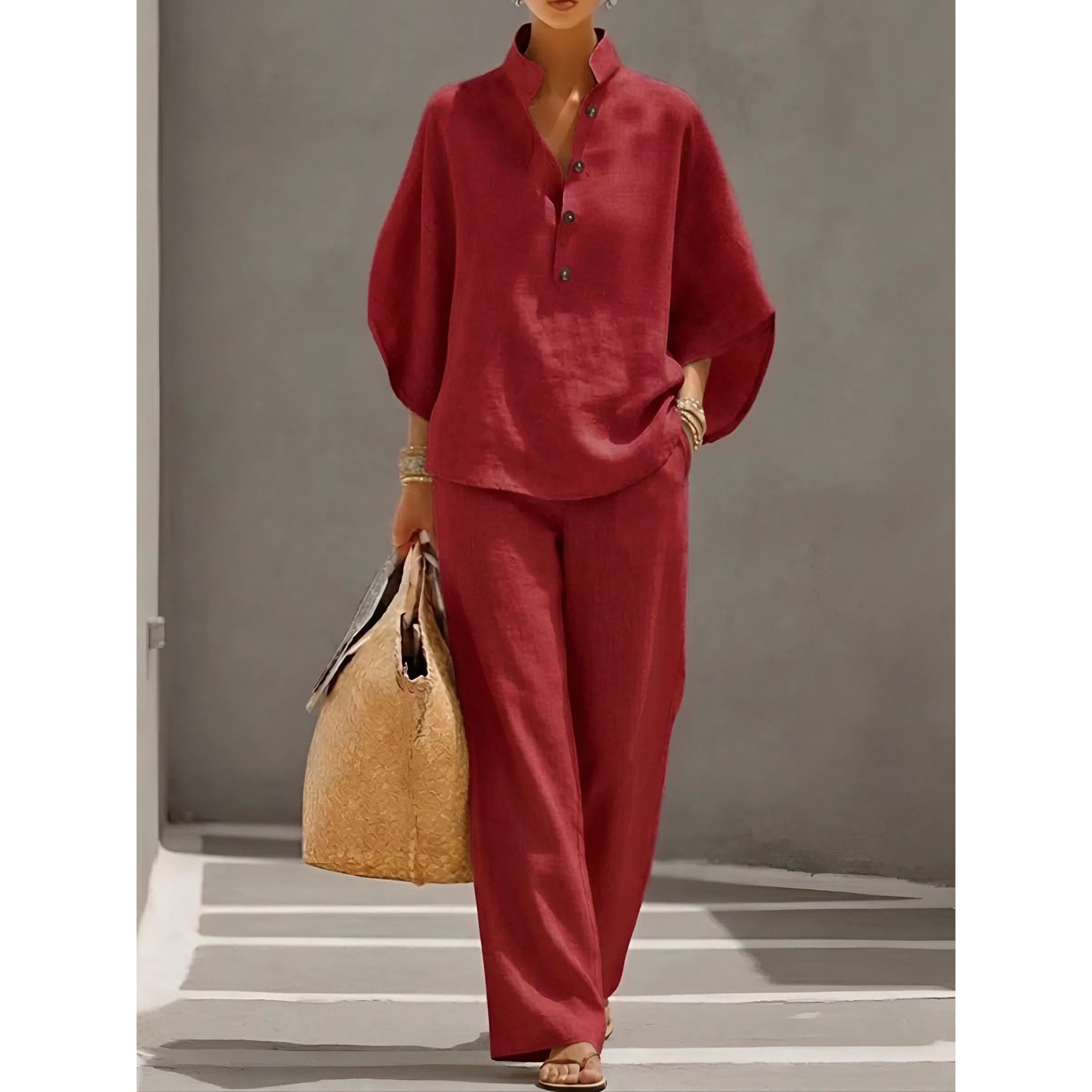 Isla 2 | Mandarin Collar Kimono Sleeve Top and Wide Leg Linen Pant Set - Red