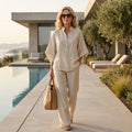 Isla 2 | Mandarin Collar Kimono Sleeve Top and Wide Leg Linen Pant Set - Sand