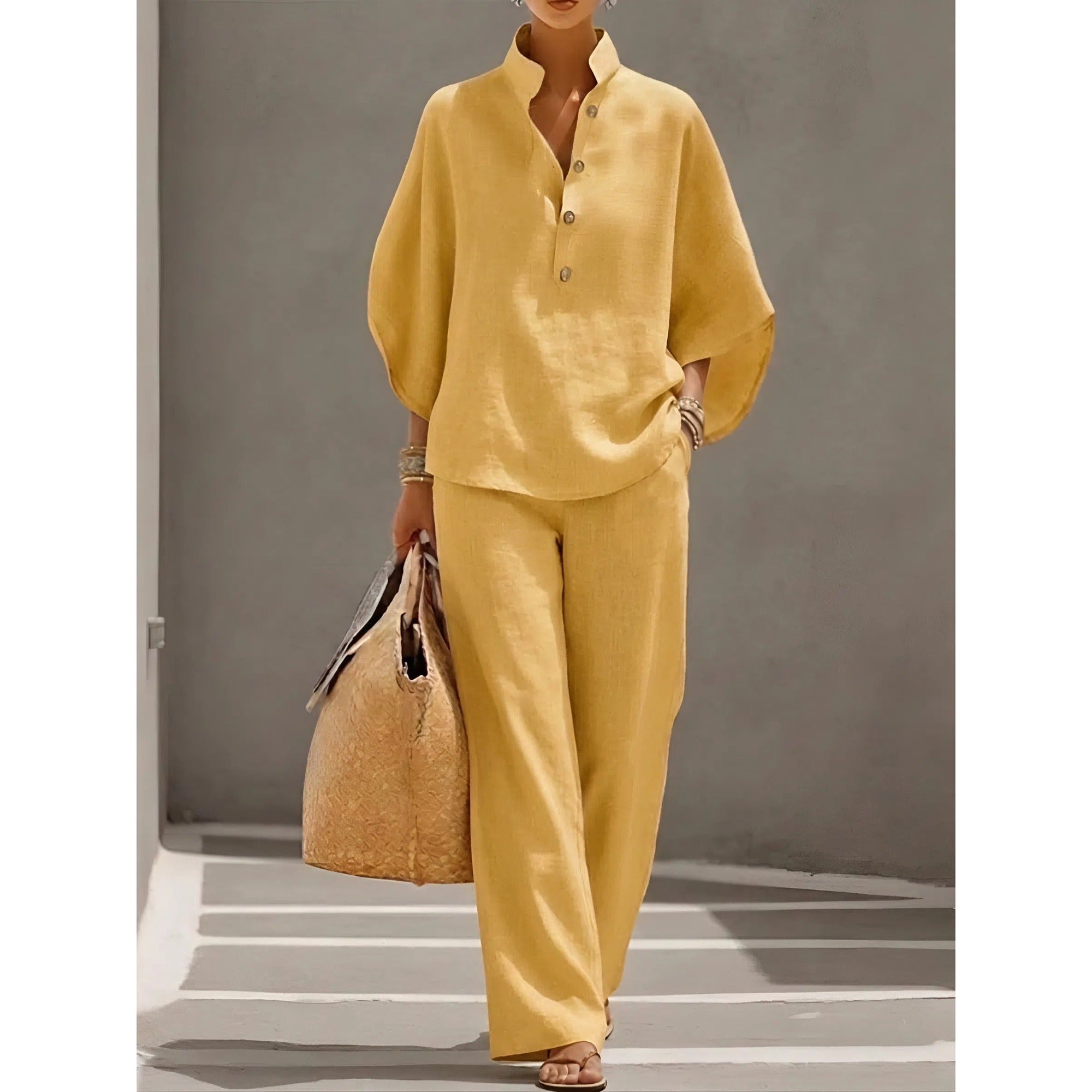 Isla 2 | Mandarin Collar Kimono Sleeve Top and Wide Leg Linen Pant Set - Yellow