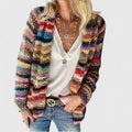 Nell | Women's Chunky Knit Boho Cardigan, Striped Open-Front Polyester Knit – Casual Fall Layering - Red