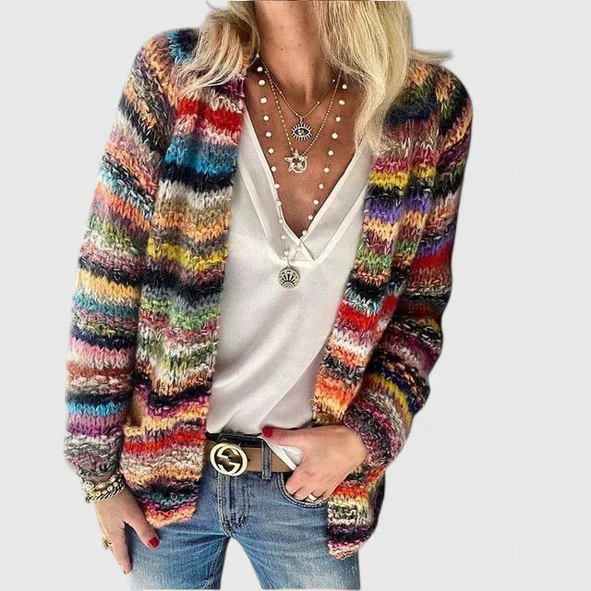 Nell | Women's Chunky Knit Boho Cardigan, Striped Open-Front Polyester Knit – Casual Fall Layering - Blue