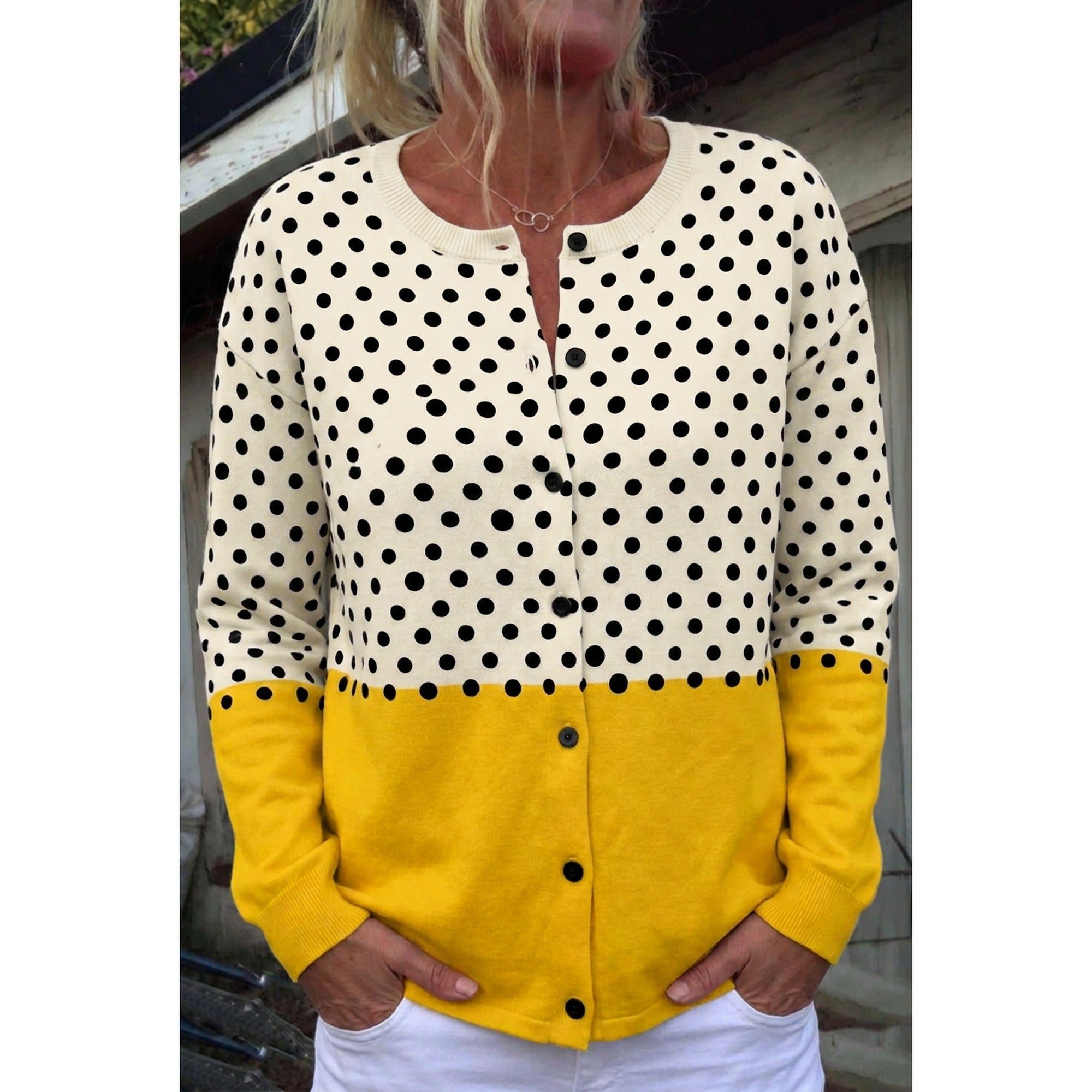 Heidi | Chic Polka Dot Cardigan - Mustard Yellow