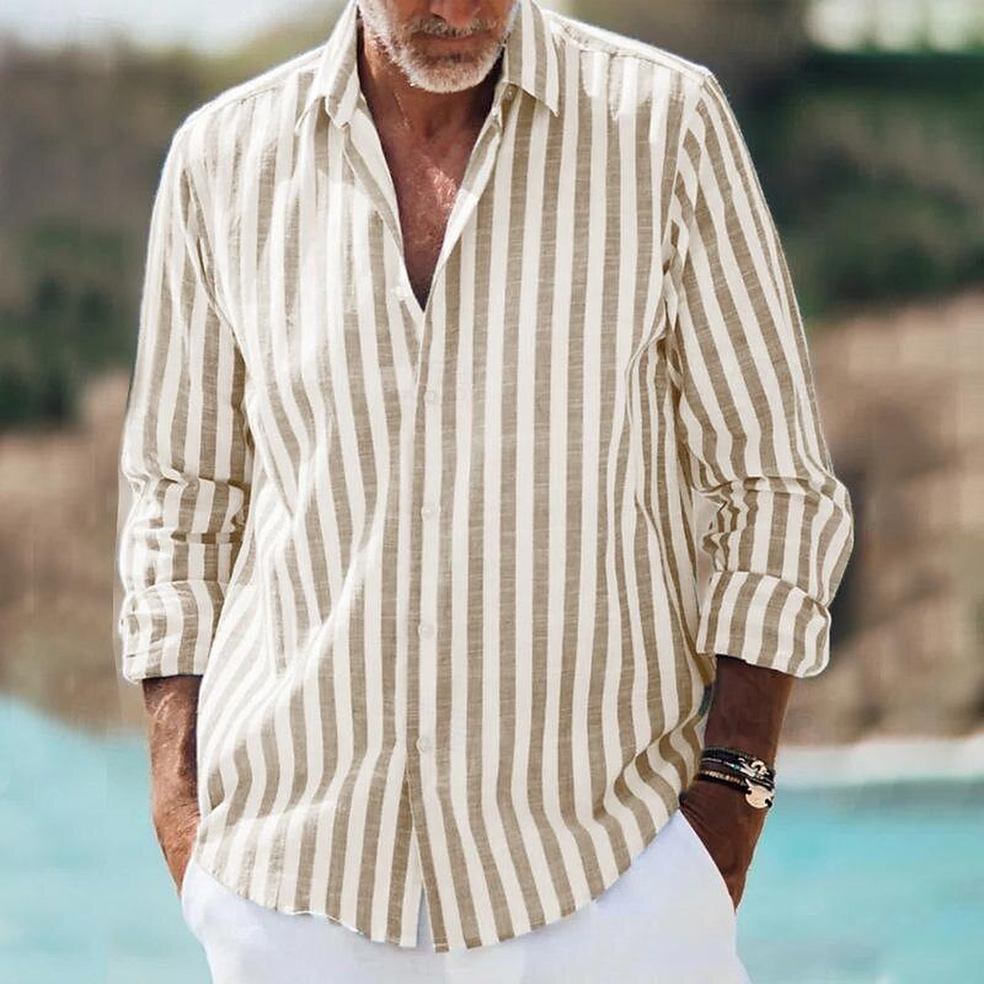 Ivy 2 | Men’s Casual Striped Shirt – Lightweight Long Sleeve Design for Everyday Style - Khaki