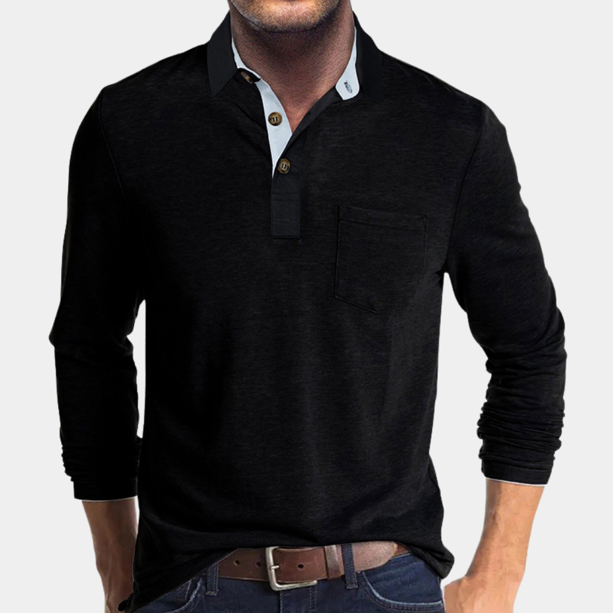 Felix | Men's Long Sleeve Polo Shirt with Chest Pocket - Black