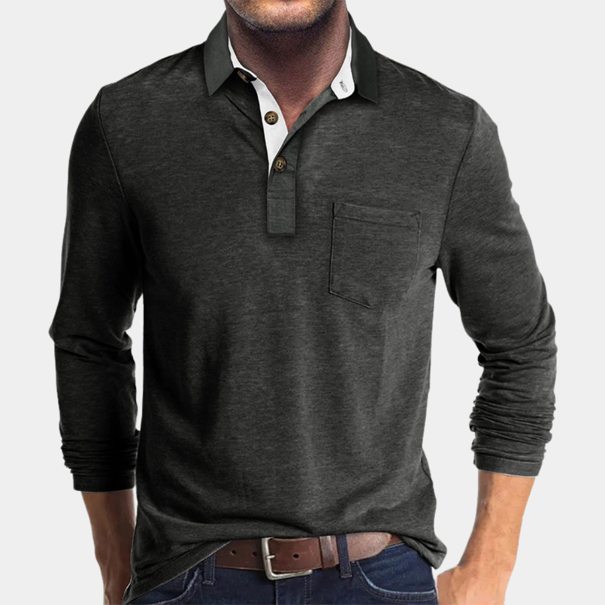Felix | Men's Long Sleeve Polo Shirt with Chest Pocket - Dark Gray