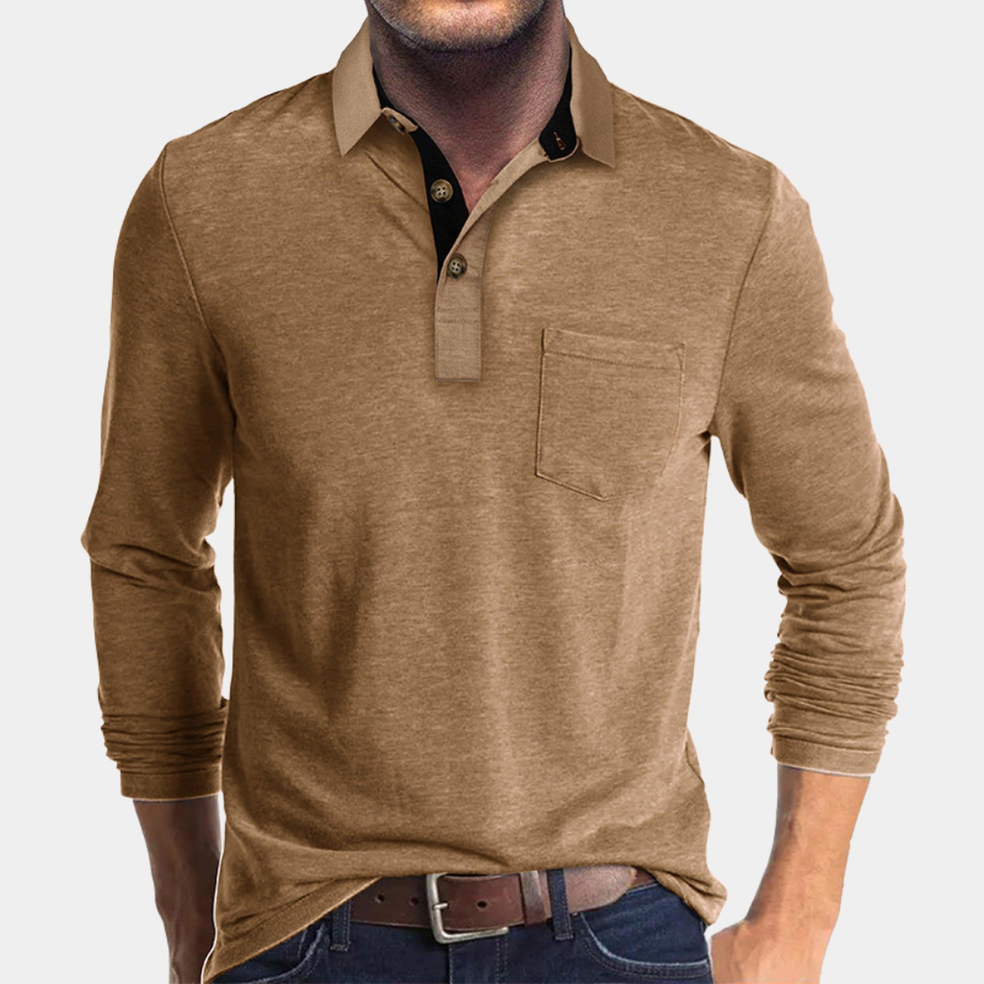 Felix | Men's Long Sleeve Polo Shirt with Chest Pocket - Khaki