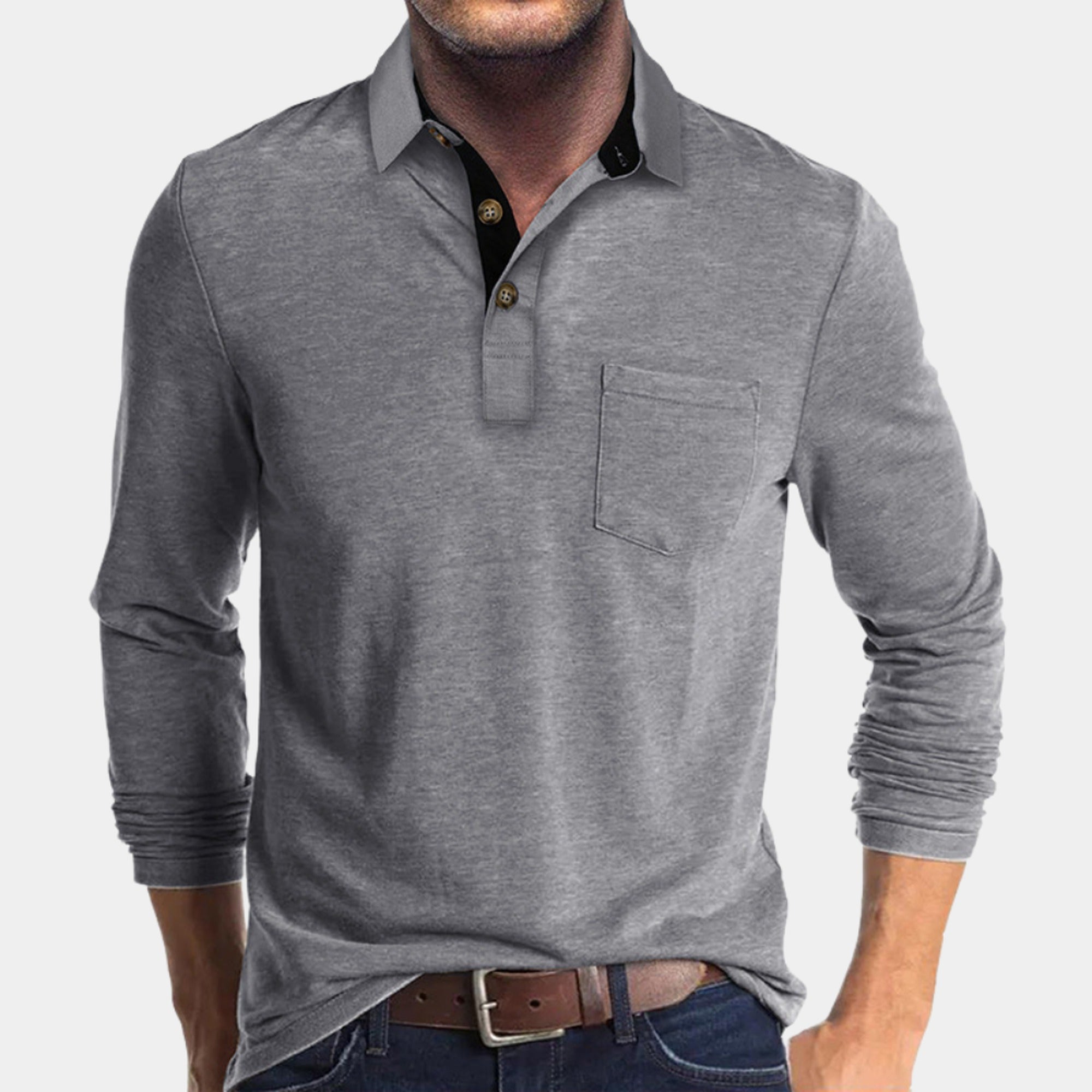 Felix | Men's Long Sleeve Polo Shirt with Chest Pocket - Light Gray