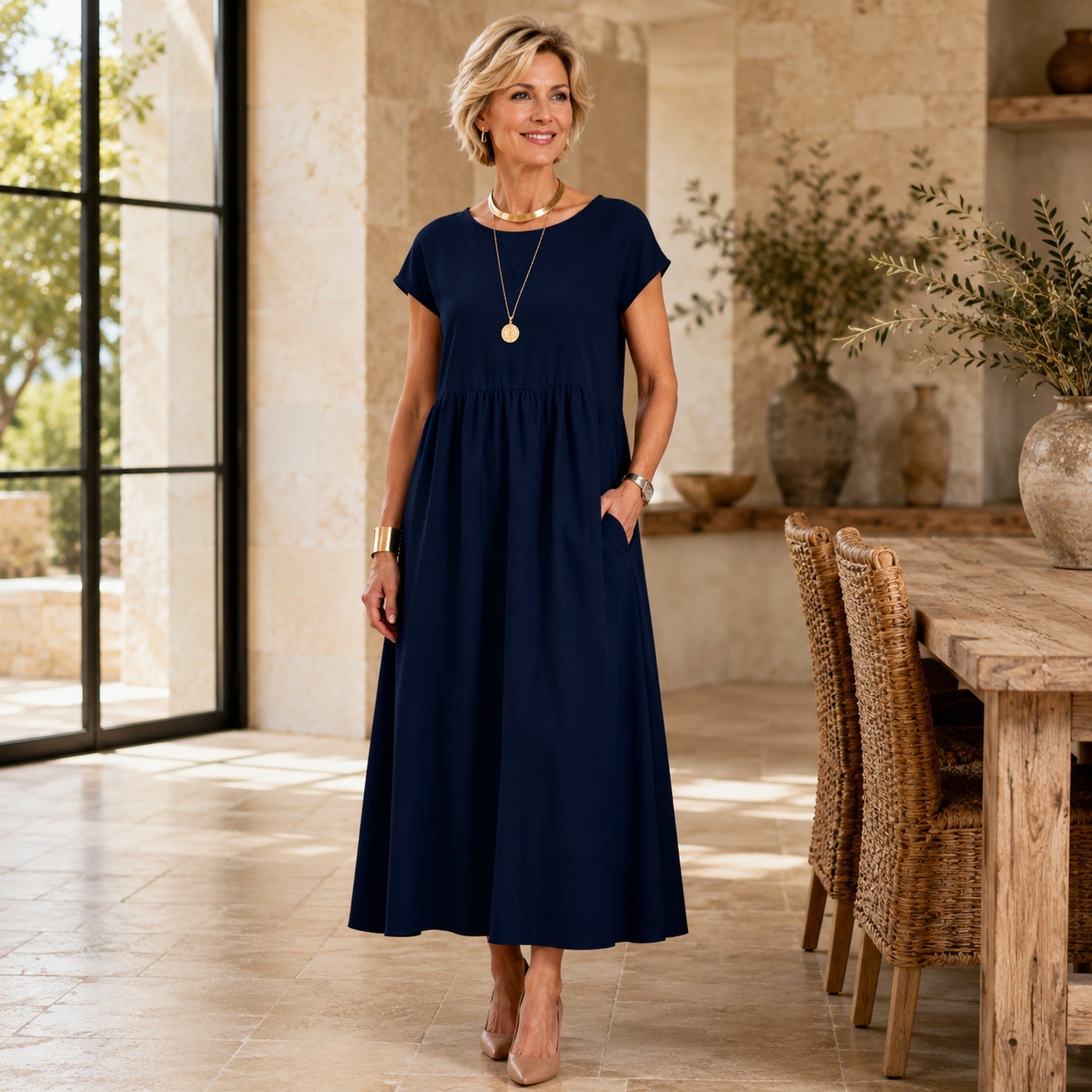 Freda | Women's Relaxed Pocket Midi Dress - Blue