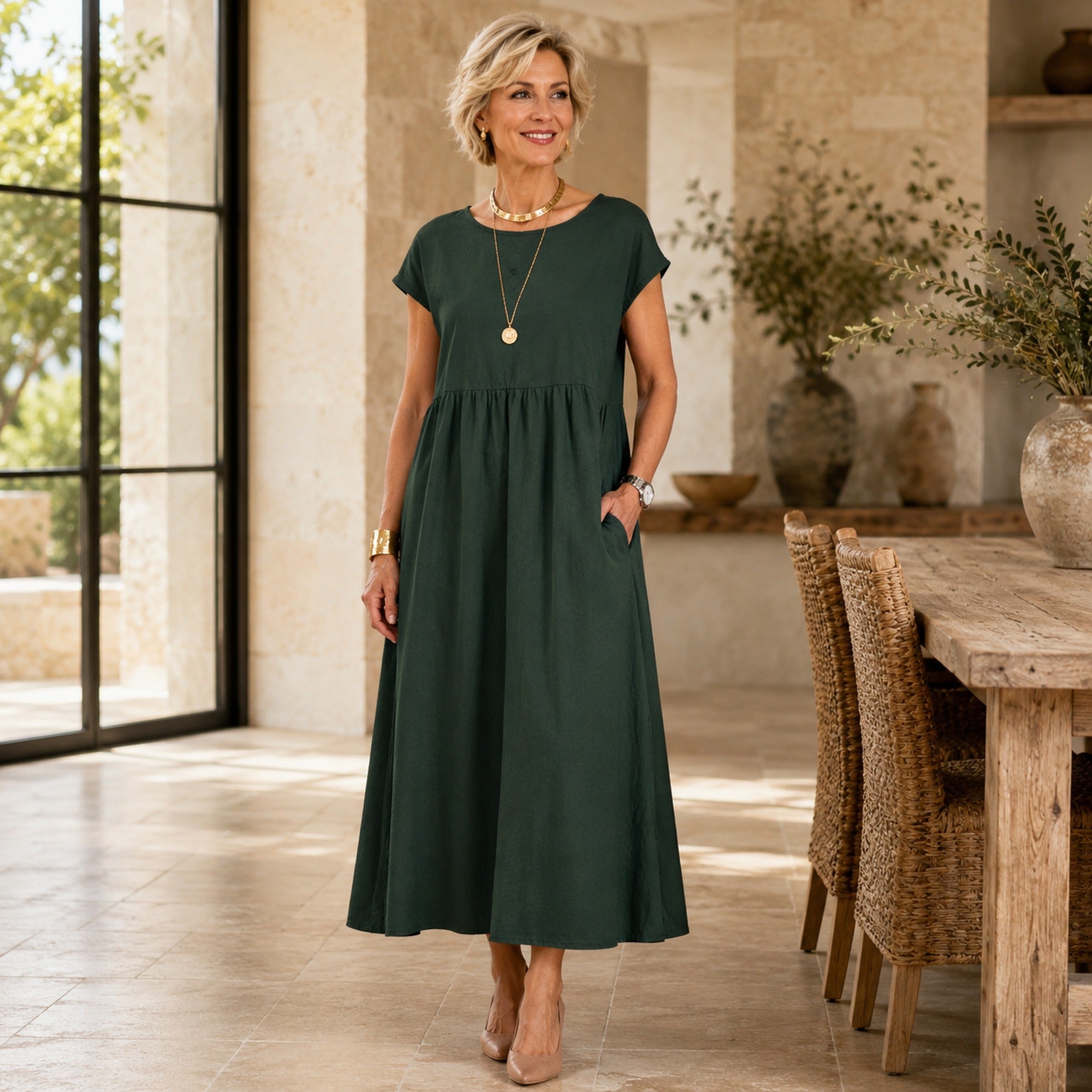 Freda | Women's Relaxed Pocket Midi Dress - Green