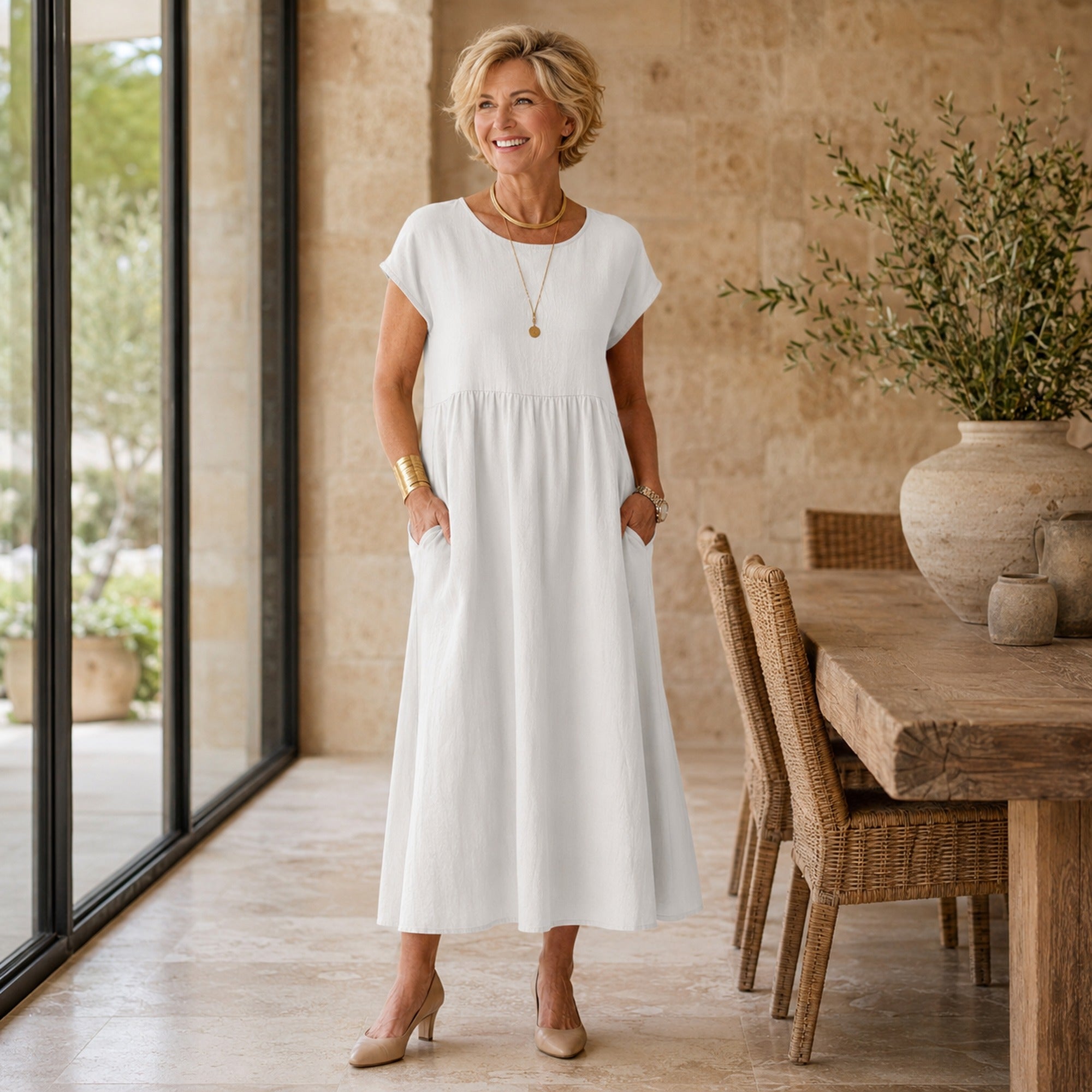 Freda | Women's Relaxed Pocket Midi Dress - White