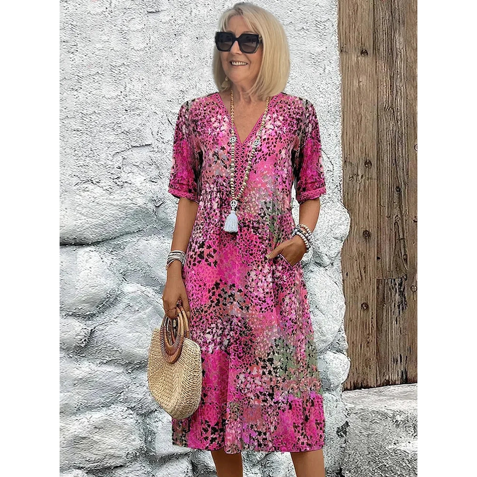 Sofia | Vibrant Pattern Midi Dress - Blush Pink