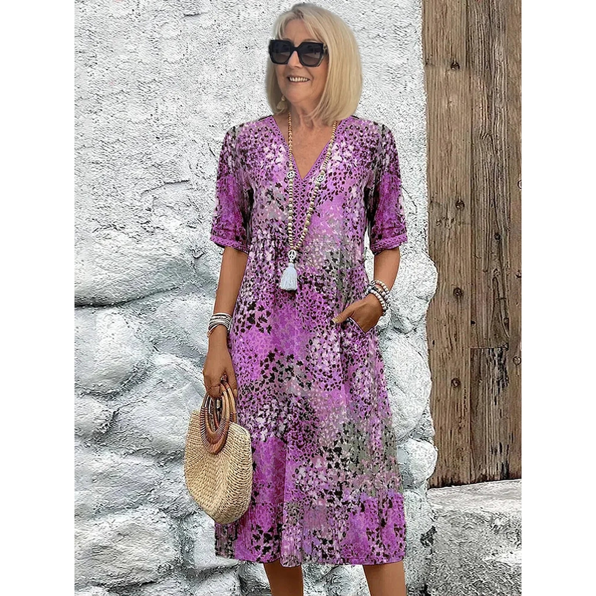 Sofia | Vibrant Pattern Midi Dress - Lavender Purple
