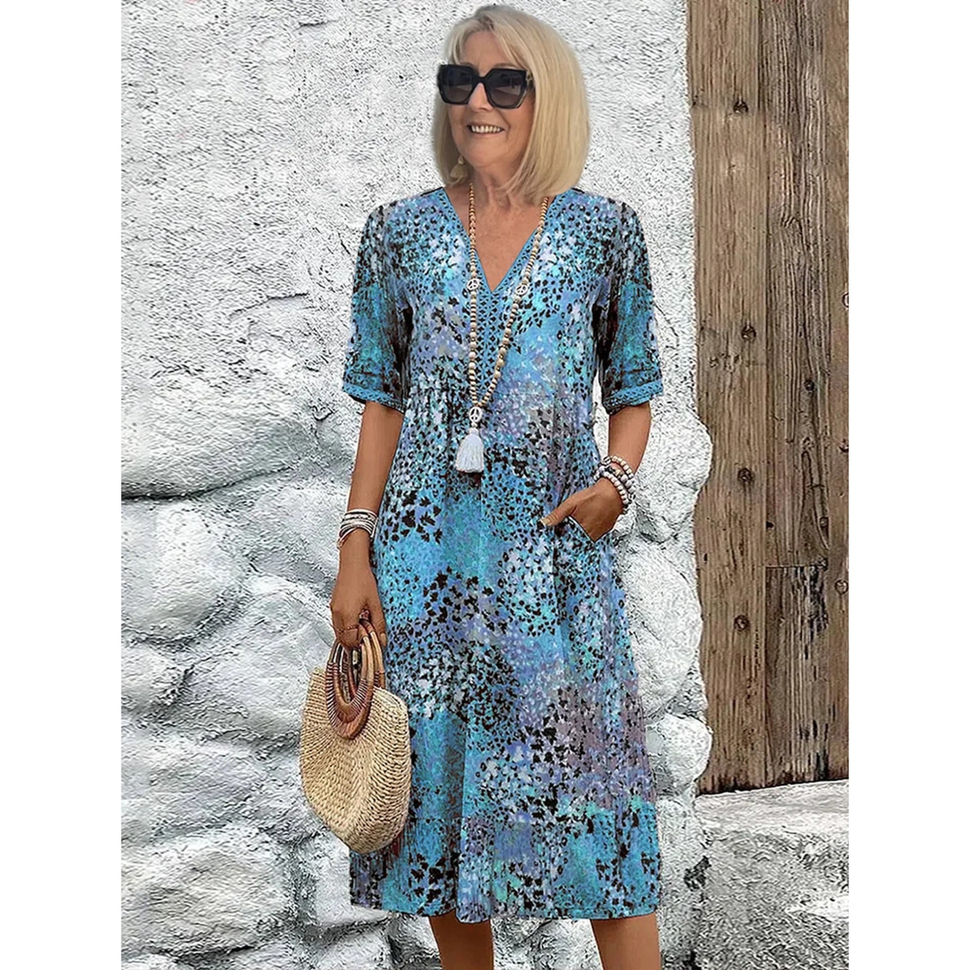 Sofia | Vibrant Pattern Midi Dress - Ocean Blue