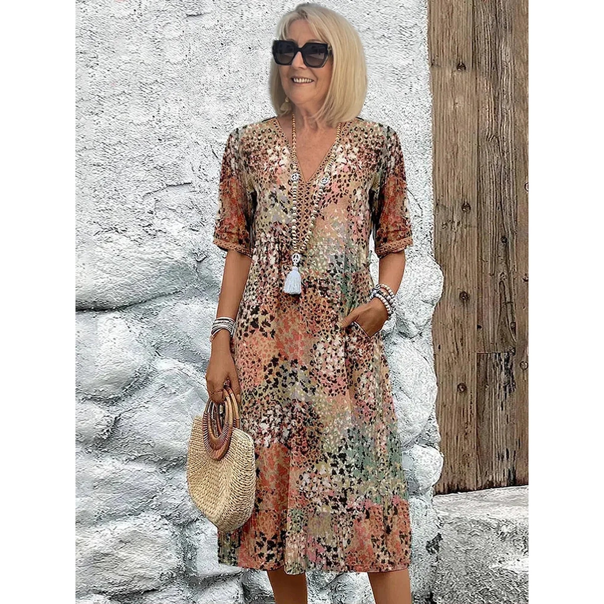 Sofia | Vibrant Pattern Midi Dress - Sandy Beige