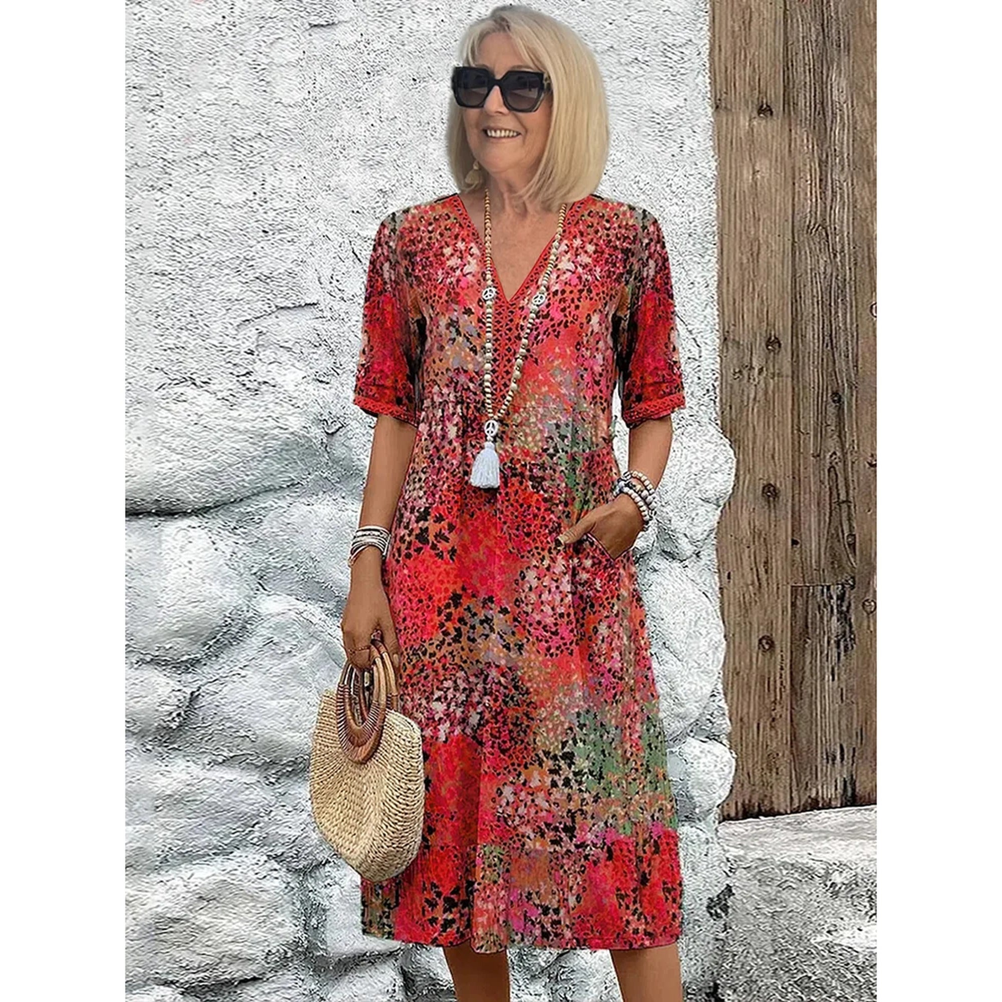 Sofia | Vibrant Pattern Midi Dress - Scarlet Red
