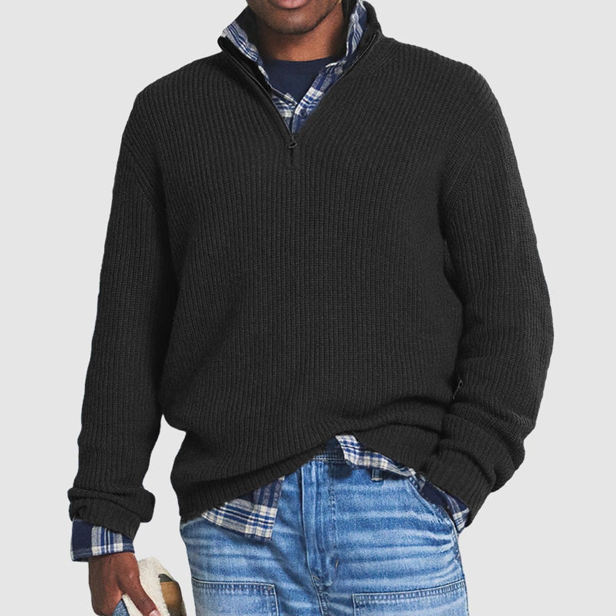 Frederick | Men's Quarter-Zip Ribbed Knit Sweater Business Casual Pullover - Black