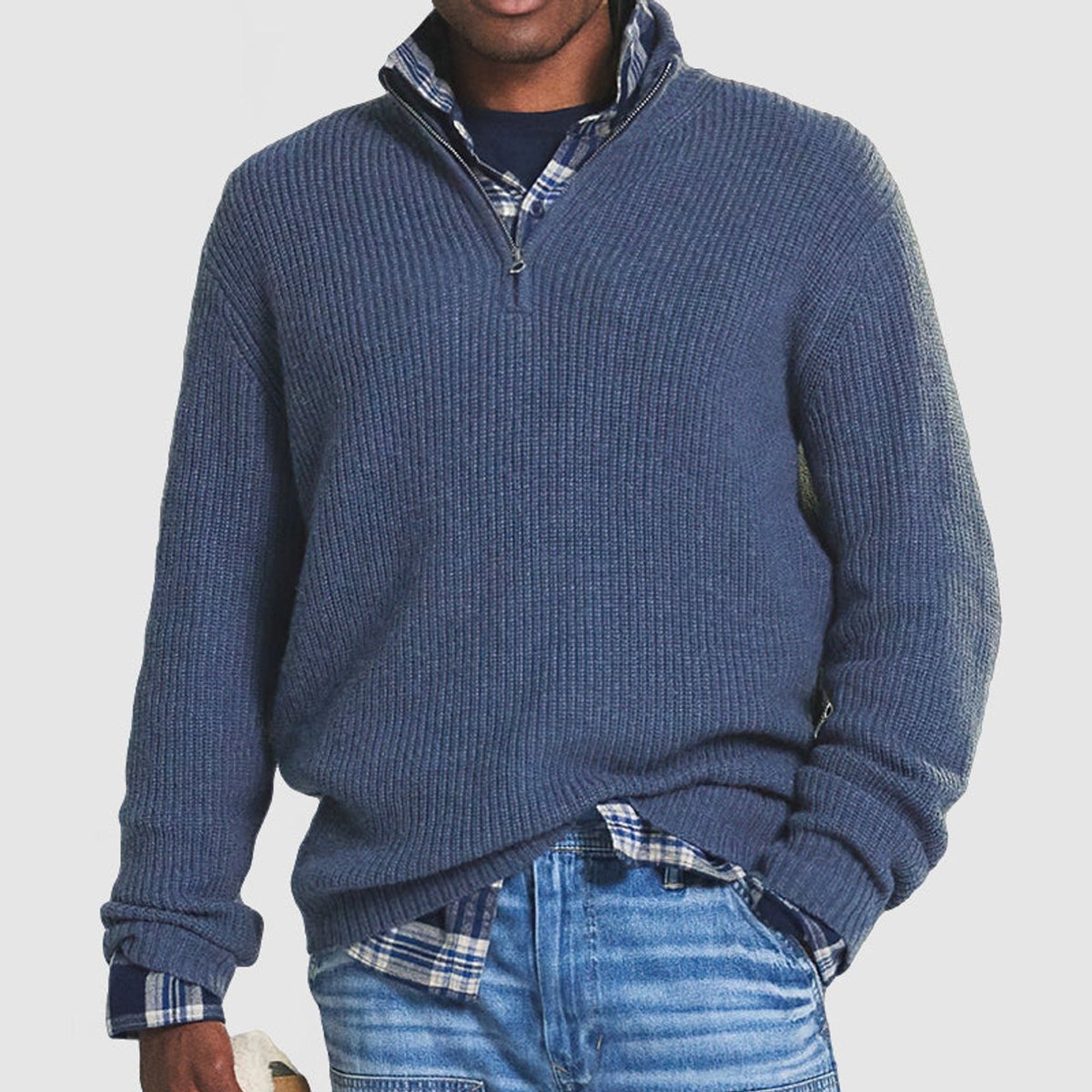 Frederick | Men's Quarter-Zip Ribbed Knit Sweater Business Casual Pullover - Blue