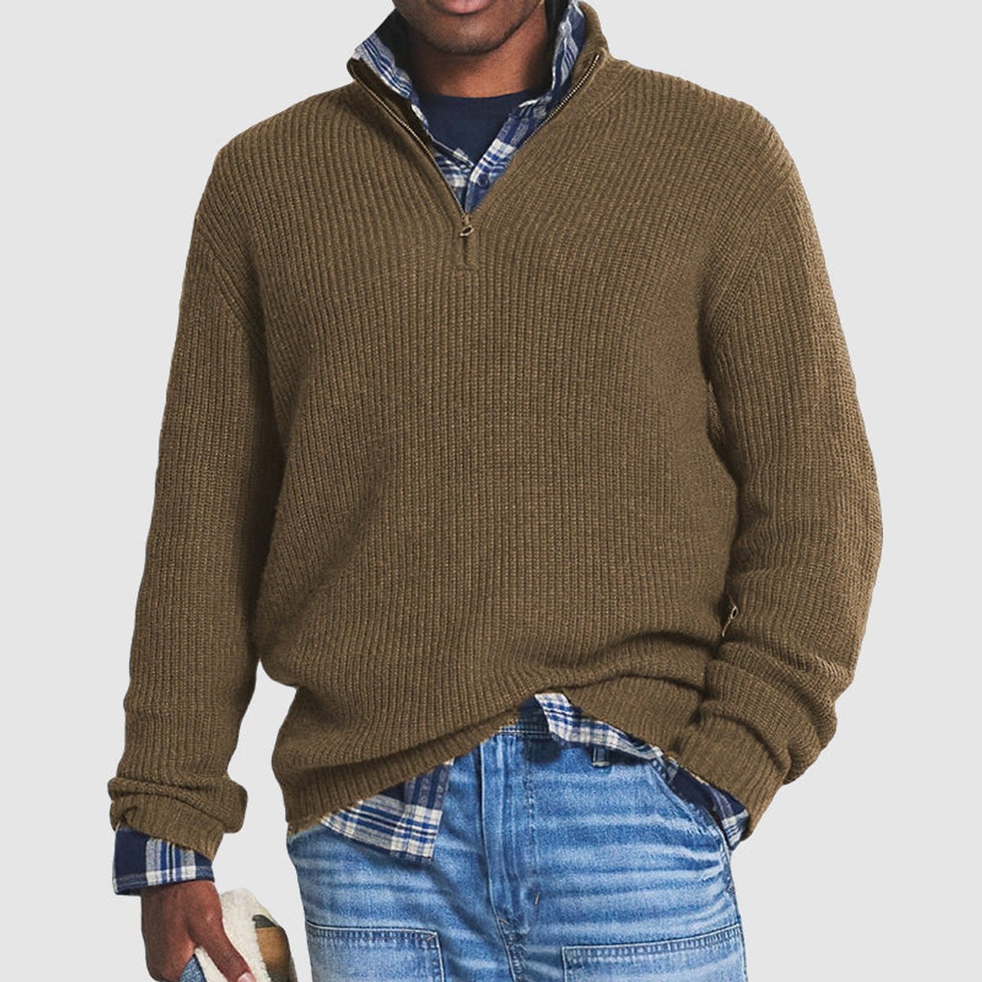 Frederick | Men's Quarter-Zip Ribbed Knit Sweater Business Casual Pullover - Brown