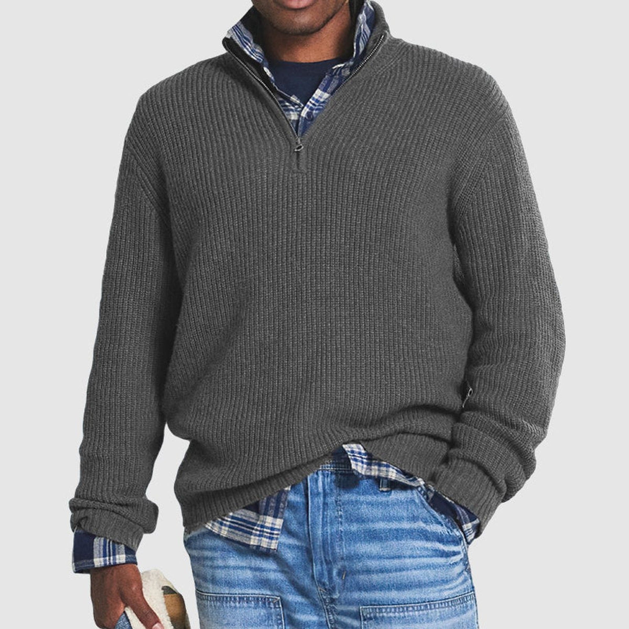 Frederick | Men's Quarter-Zip Ribbed Knit Sweater Business Casual Pullover - Gray