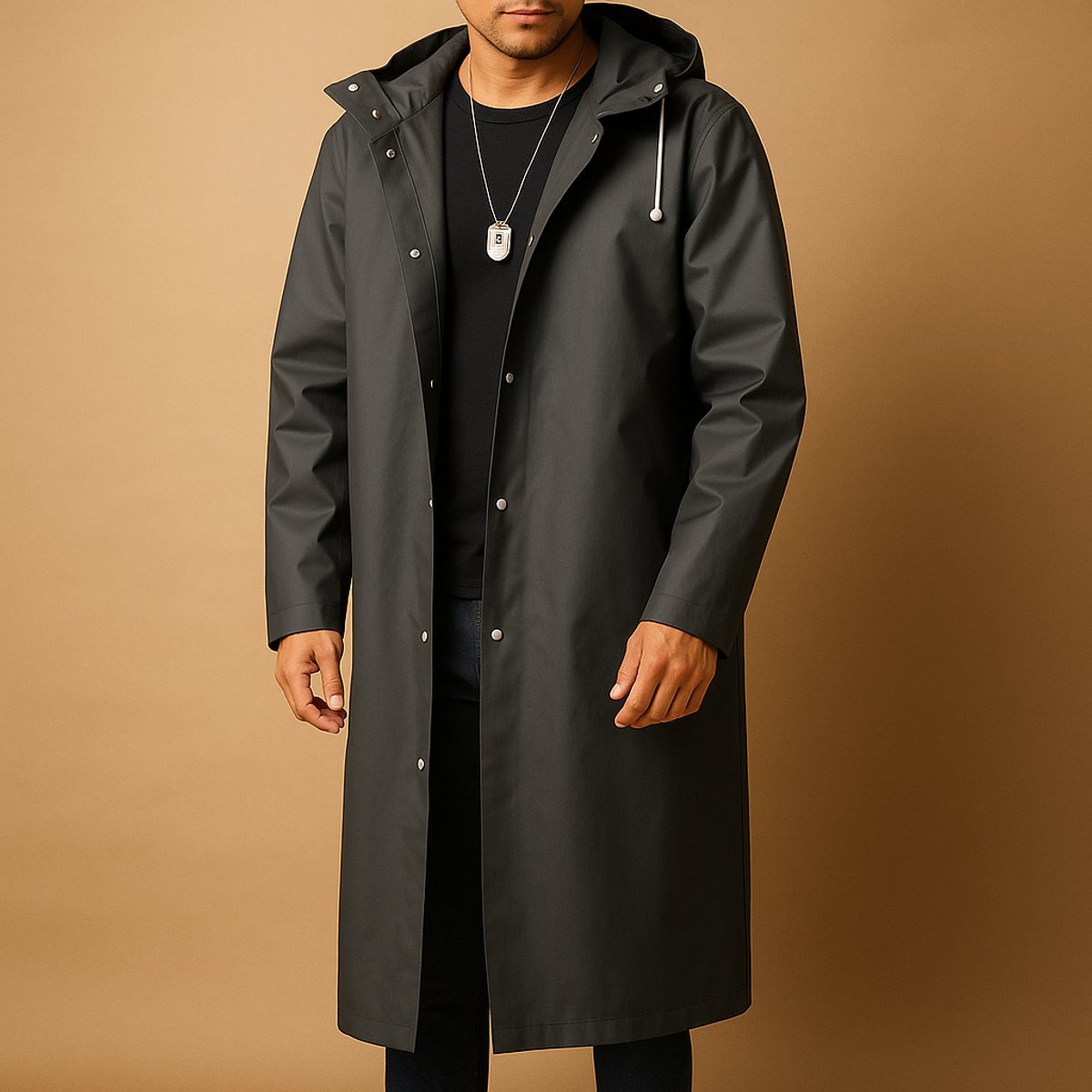 Victor | Men's Waterproof Hooded Long Rain Jacket EVA Snap-Button - Black